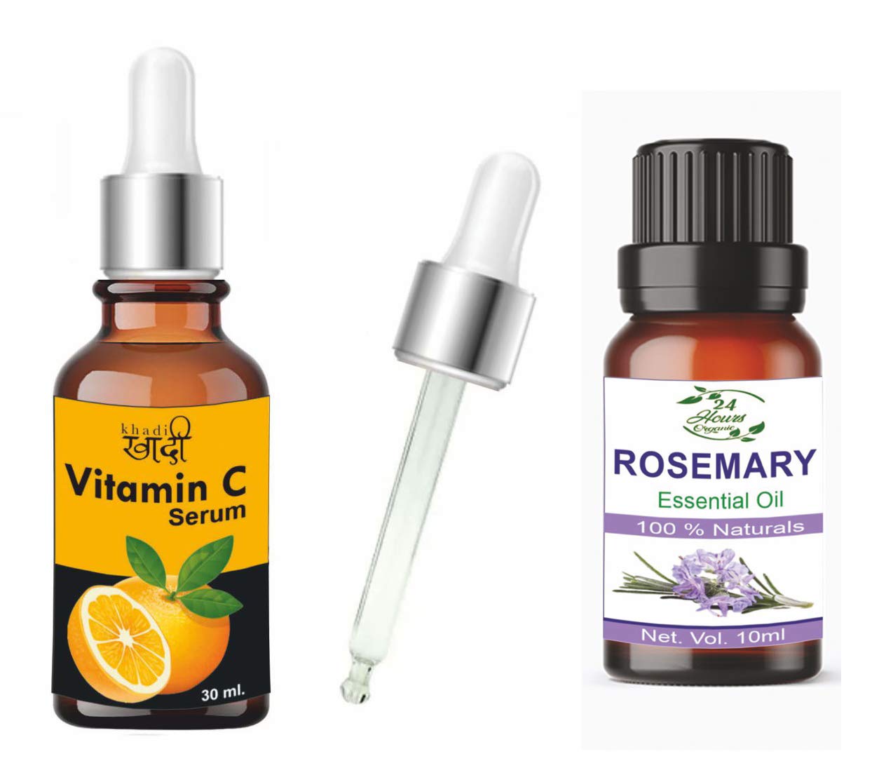 Khadi Khushika Premium Rosemary Essential Oil & Vitamin C Serum Combo - Natural Skincare Set for Glowing Skin, Hair Growth & Anti-Aging