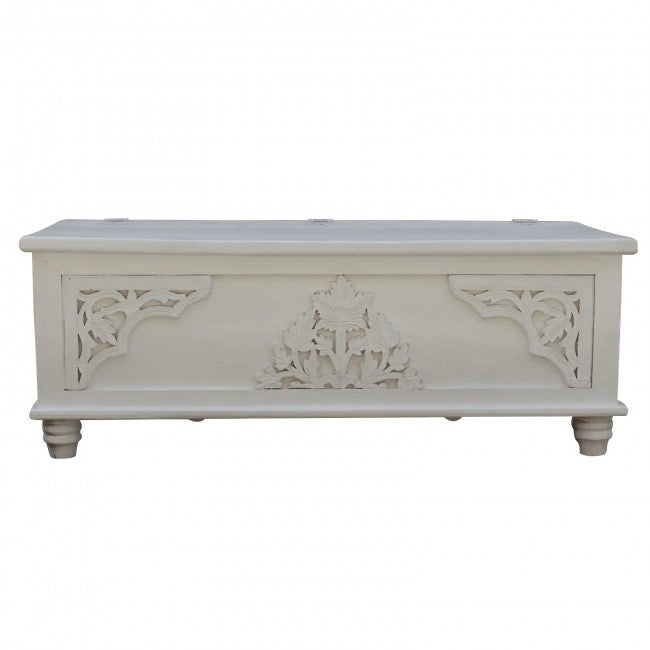 Hand Carved Floral Blanket Box - White Wooden Storage Chest for Bedroom, Living Room & Nursery | Vintage Home Decor & Blanket Organizer