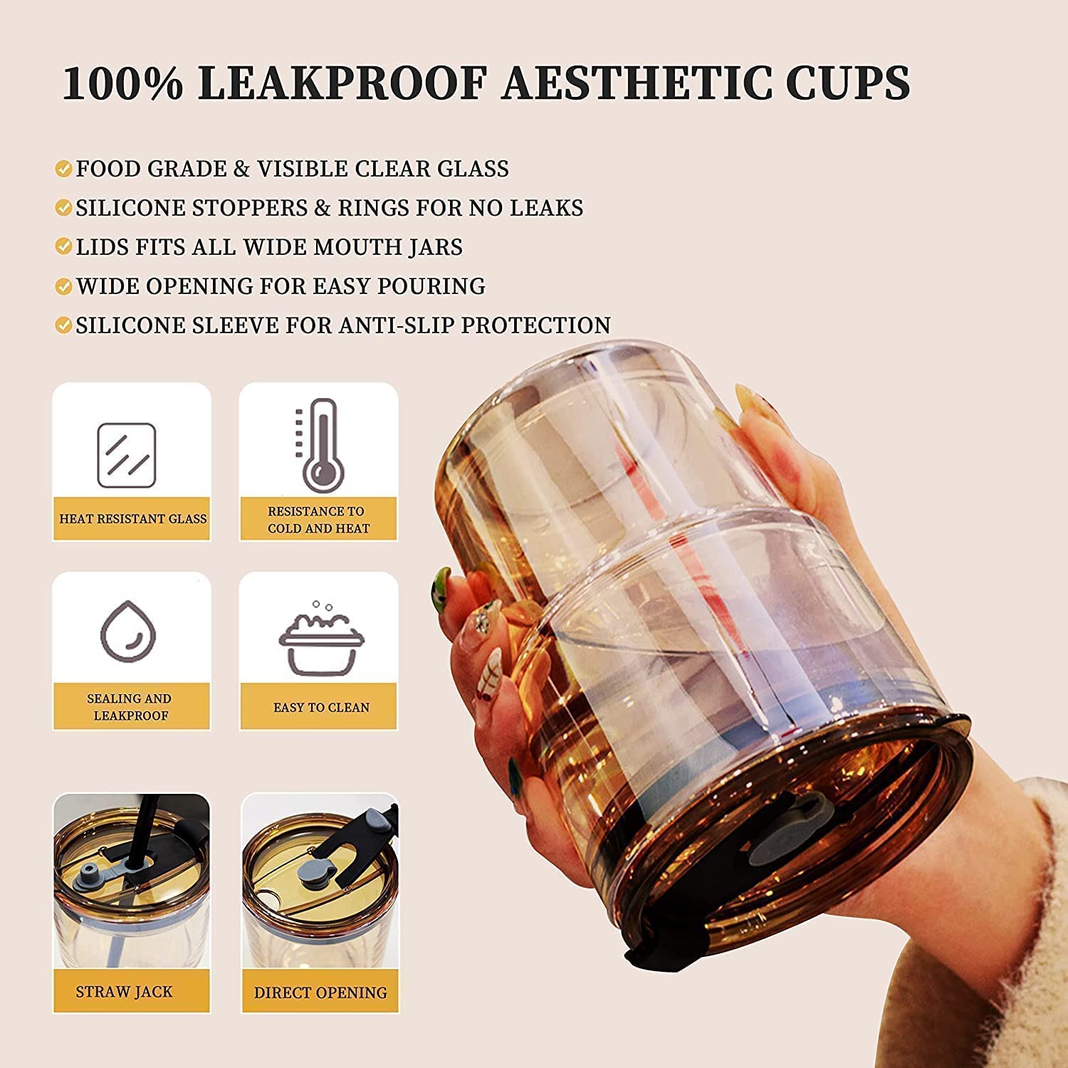 VRUTA Insulated Leather Grip Coffee Tumbler with Lid & Silicone Straw - 16oz Double Wall Glass Travel Mug for Hot/Cold Drinks - Perfect for Coffee, Tea, Juice - Office, Commute, Camping, Gift (1 Pack)
