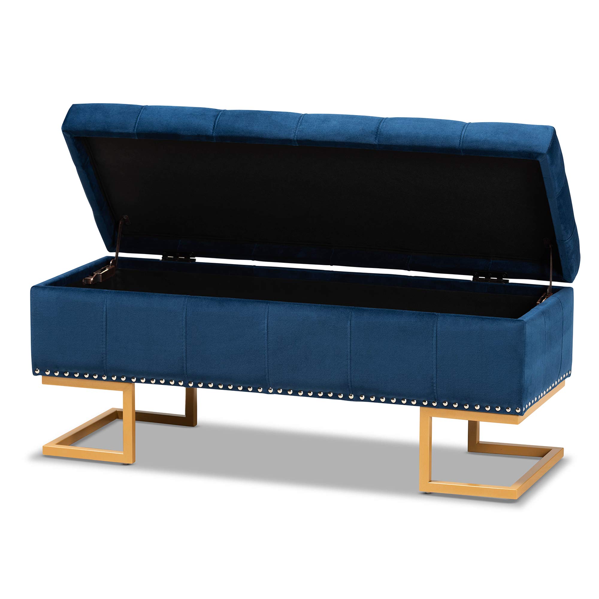 Baxton Studio Ellery Navy Blue Velvet Storage Ottoman with Gold Metal Base - Luxe Upholstered Footrest for Living Room, Bedroom & Home Decor