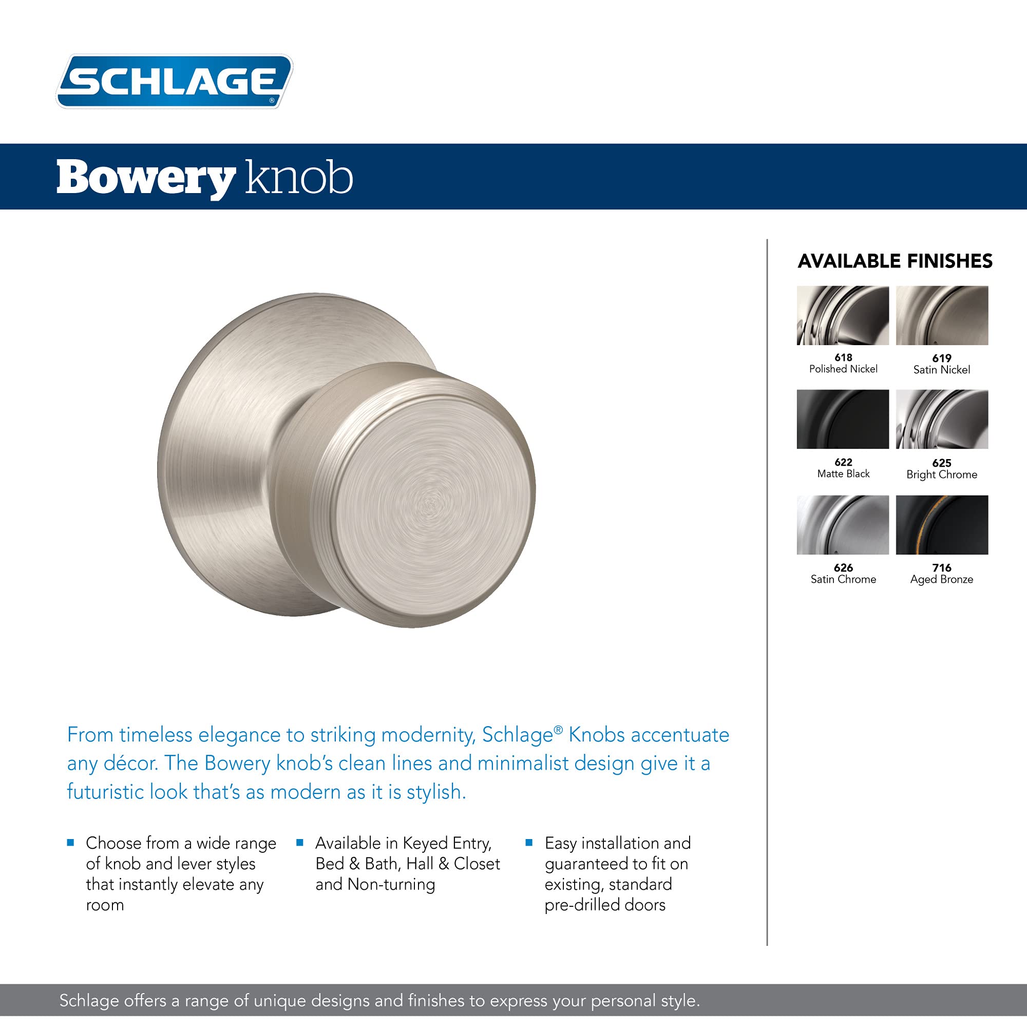 Schlage F51A BWE 622 Bowery Keyed Entry Door Knob - Matte Black Finish for Home Security & Interior/Exterior Doors