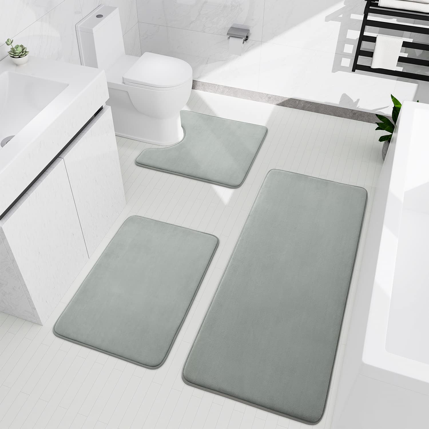 YIHOUSE 3-Piece Memory Foam Bath Mat Set - Non-Slip, Absorbent for Shower & Bathroom - Light Grey