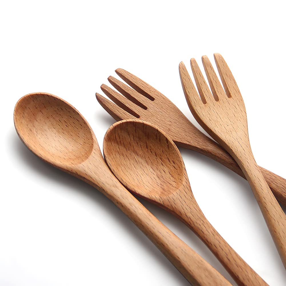 YFWOOD 4-Piece Natural Wooden Kids Utensil Set - 2 Forks & 2 Spoons for Toddlers | BPA-Free, Hand-Polished, Anti-Slip & Lightweight Baby Flatware | Perfect for Home, Travel & Eco-Friendly Meals