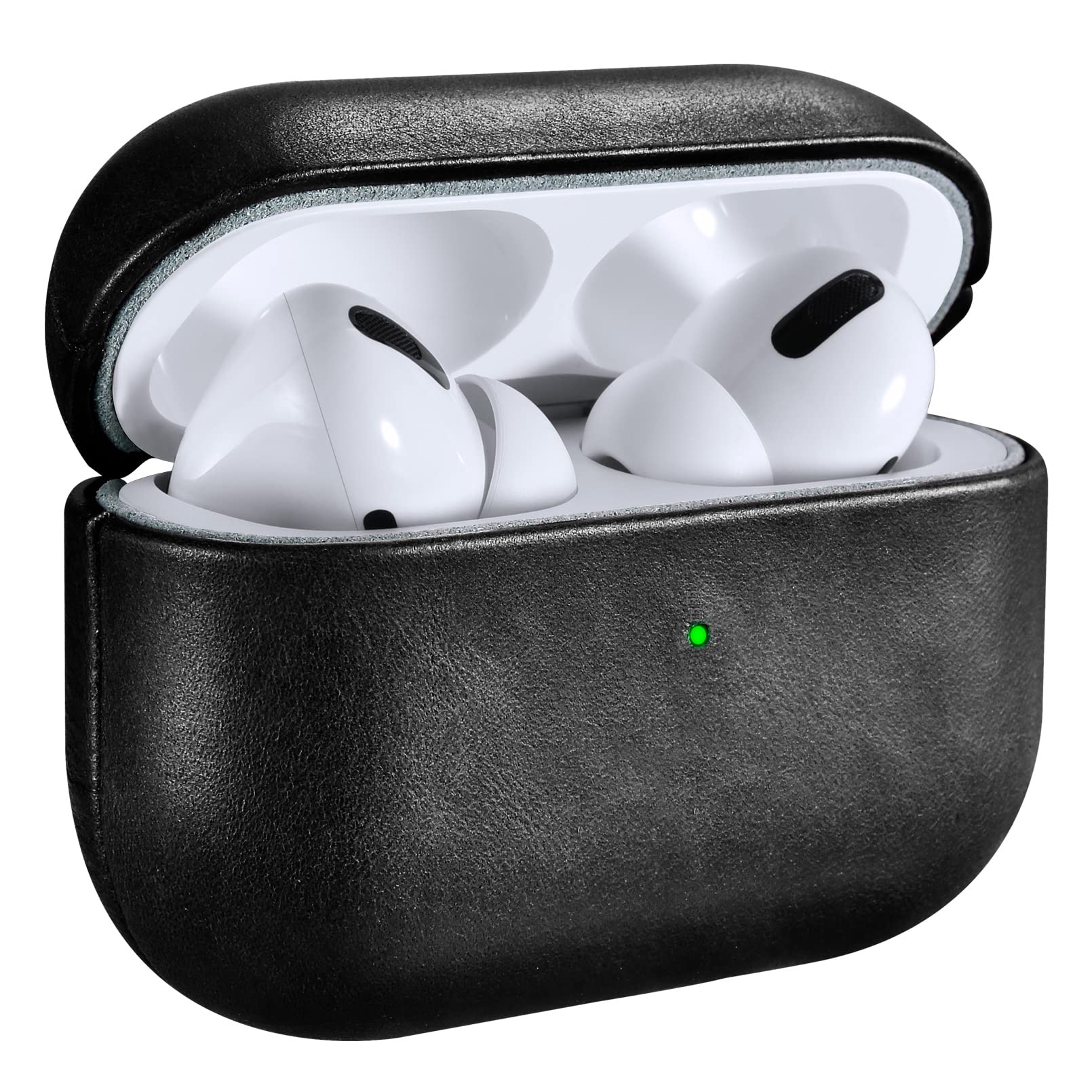 Premium Genuine Leather AirPods Pro Case - ICARERSPACE Shockproof Protective Cover with LED Window & Wireless Charging Support (Black) | Perfect for Travel, Workout & Daily Commute Protection