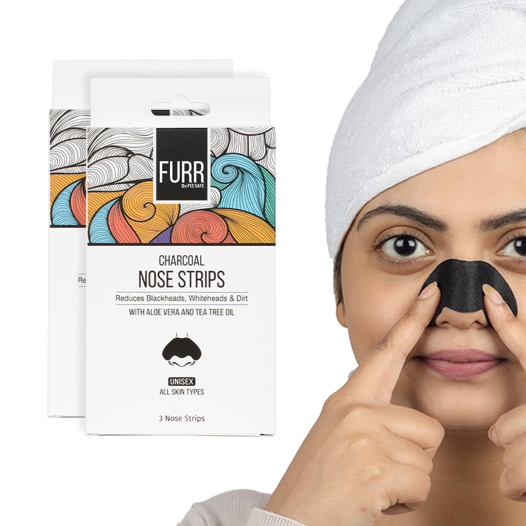 FURR By Pee Safe Blackhead Remover Bamboo Charcoal Nose Strips (6 Pack) - Deep Cleansing Pore Strips with Aloe Vera & Tea Tree Oil - Reduces Blackheads, Whiteheads, Excess Oil & Dirt - Gentle Skin Care for Men & Women - Perfect for Daily Facial Cleansing Routine