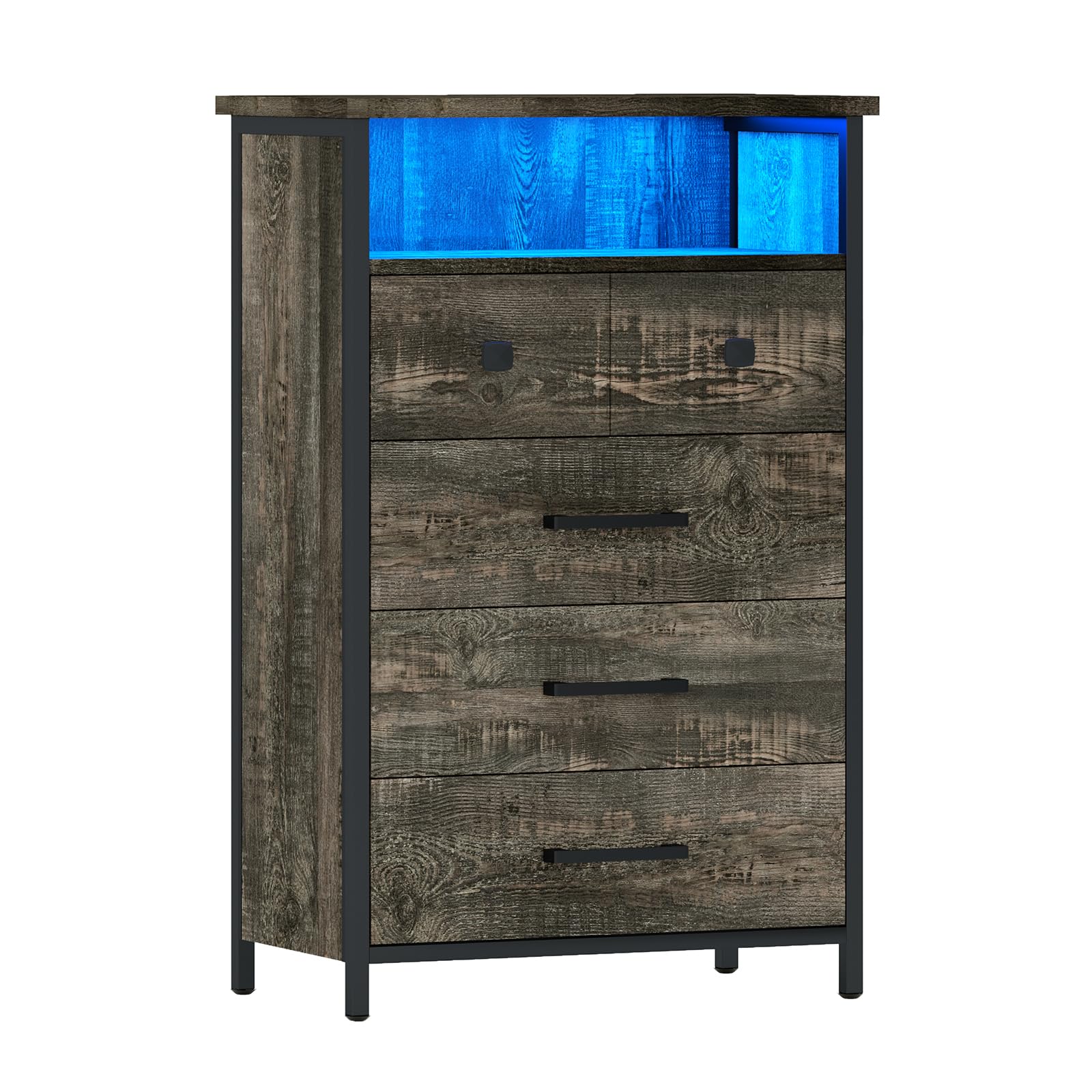 IKENO 4-Drawer LED Dresser with Metal Frame - Large Storage Cabinet with Open Shelves, Dark Rustic Oak Finish - Perfect for Bedroom, Living Room, or Dorm Organization