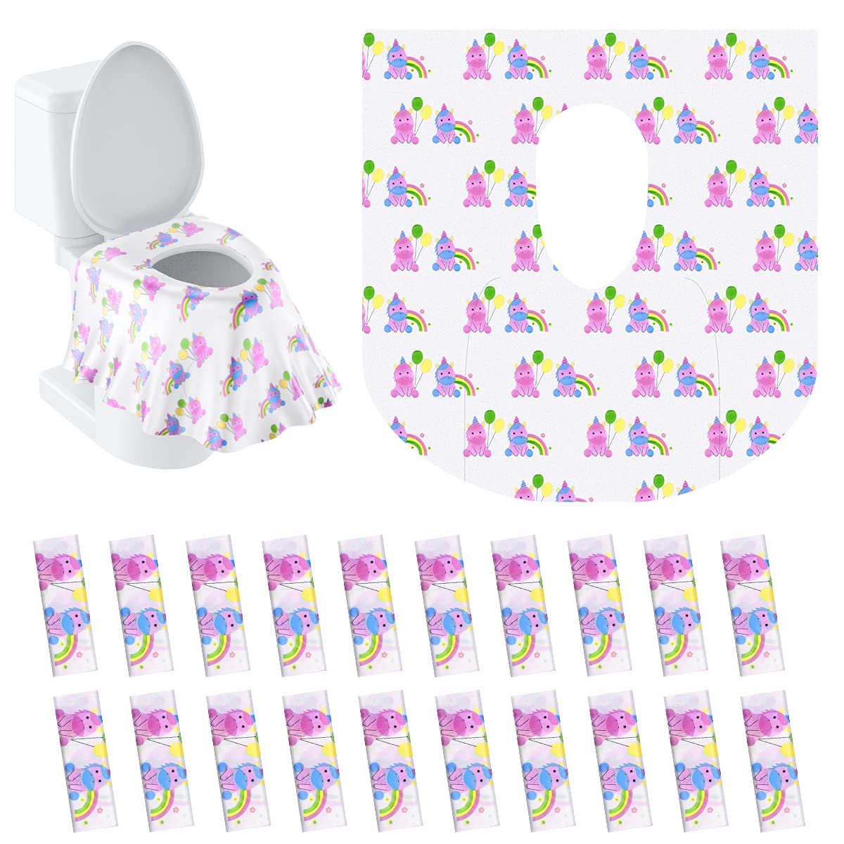 PaperKiddo 20 Pack Disposable Toilet Seat Covers - Pink Unicorn Design, Waterproof Potty Training Seat Covers for Kids & Adults, Extra Large Size, Individually Wrapped for Travel, Home & Public Restrooms | Perfect for Daycare, School, Camping & Airplane Trips