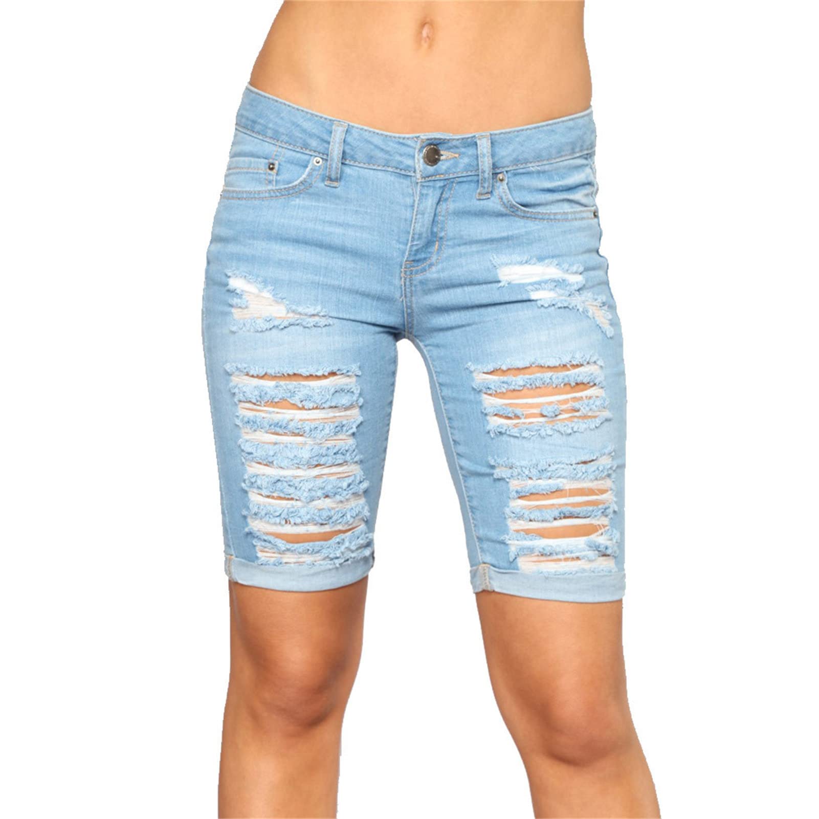 Women's Distressed Denim Shorts - Mid Waist Ripped Bermuda Shorts with Rolled Hem | Washed Casual Jean Shorts for Summer Outfits & Beach Wear