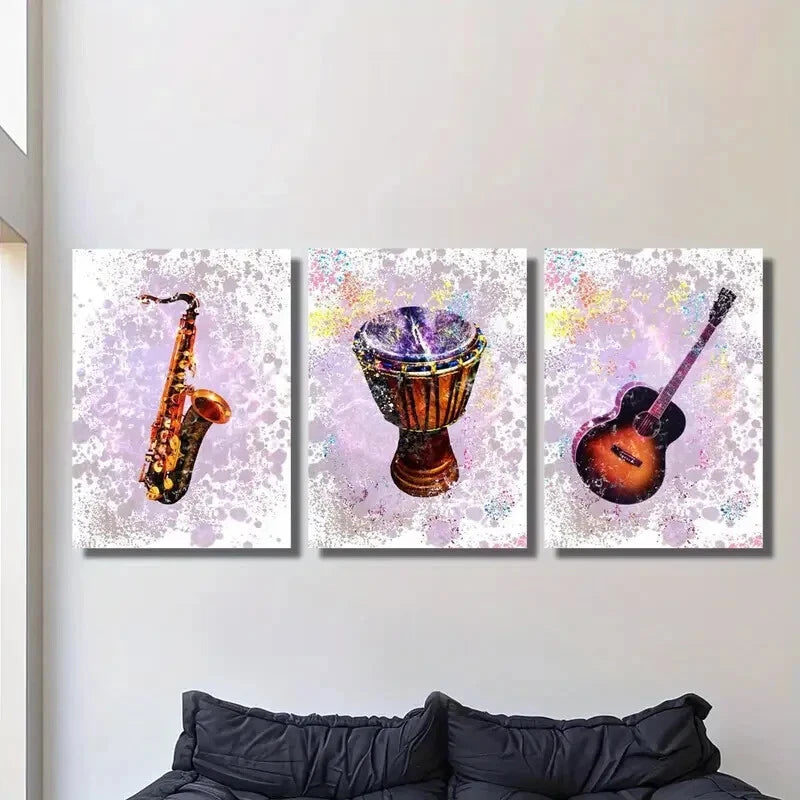 3-Piece Metal Wall Art Prints - Saxophone, Bass Drum, Guitar - Ready to Hang Music Decor for Home, Studio & Office