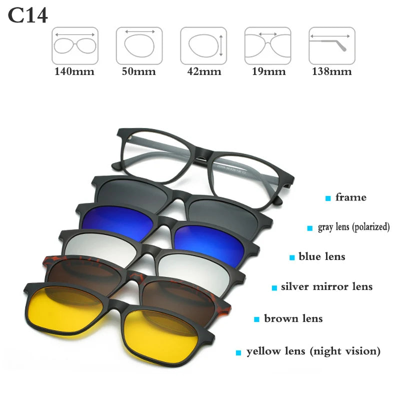 Belmon Unisex Square Eyeglasses with 5 Clip-On Sunglasses - Lightweight Blue Light Blocking Glasses for Men & Women - Perfect for Reading, Driving, and Outdoor Activities (RS159)