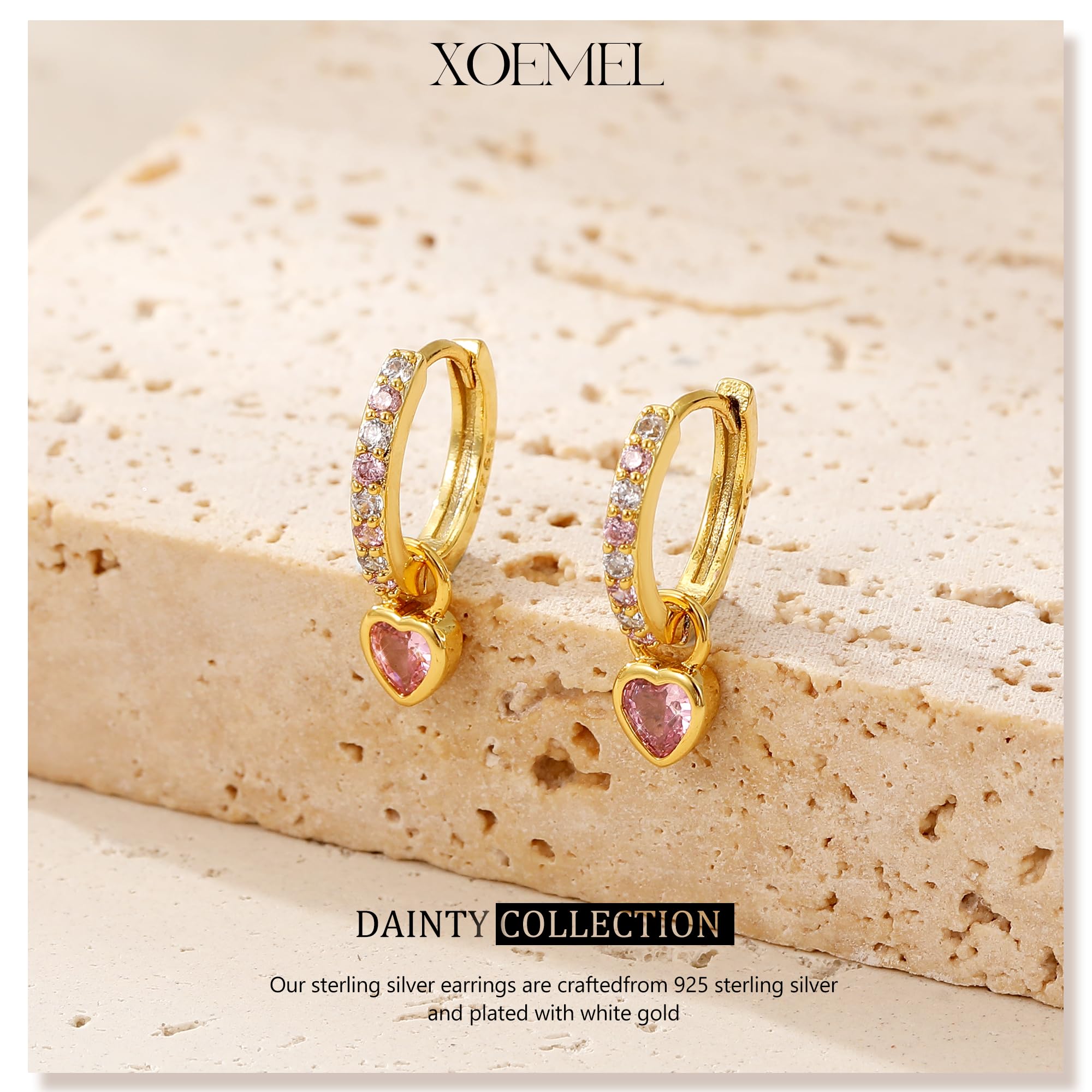 XOEMEL Sterling Silver Hoop Earrings for Women - S925 Heart Dangle Small Hoops with Cubic Zirconia | Hypoallergenic Lightweight Sleeper Earrings | Perfect for Everyday Wear, Date Nights & Gifts