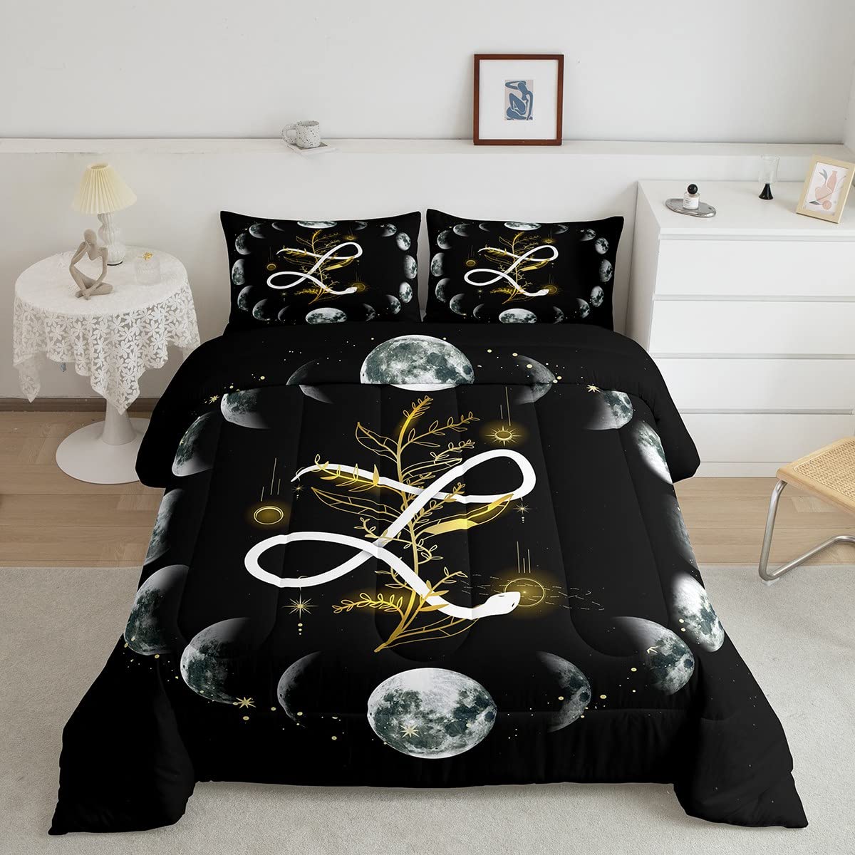 Gothic Snake Comforter Set Twin Size - Trippy Star Sky Moon Bedding 2pc Set for Kids & Teens Girls Room Decor | Gold Glitter Trees Quilt with Exotic Animal Plant Design & 1 Pillowcase - Perfect for Gothic Themed Bedrooms, Teen Room Makeovers & Unique Gift Ideas