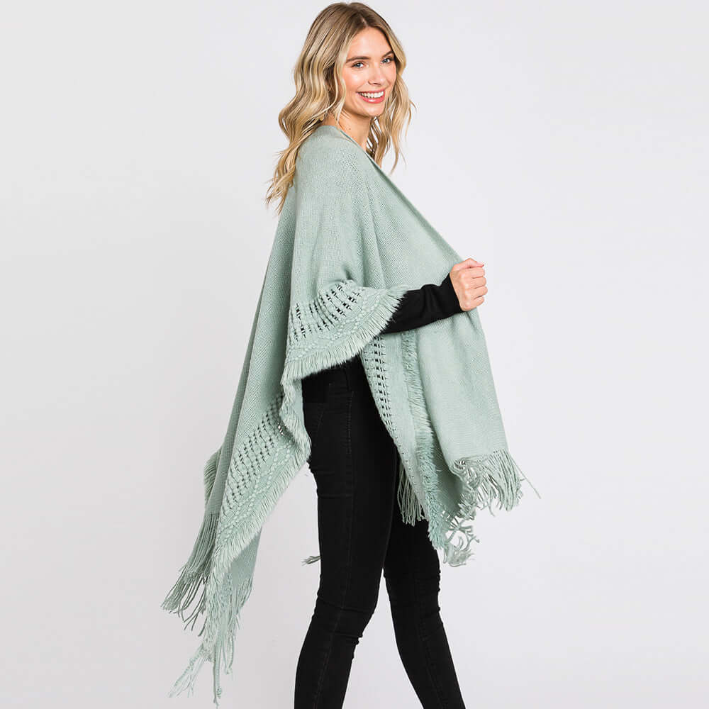 Stylish Mint Fringe Cut Out Knit Ruana Poncho Shawl - Perfect for Fall Layering, Beach Cover-Up & Boho Fashion