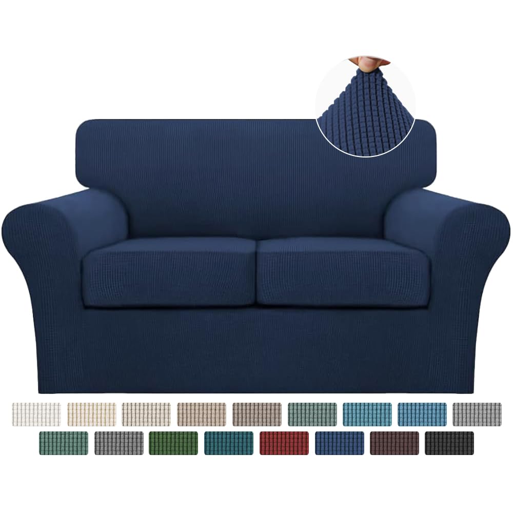 Turquoise 3-Piece Sofa Slipcover Set for 2-Cushion Loveseat - Washable Jacquard Fabric Couch Cover with 2 Individual Cushion Covers (Navy Blue) - Pet-Friendly Sofa Protector for Dogs, Living Room Furniture Protection