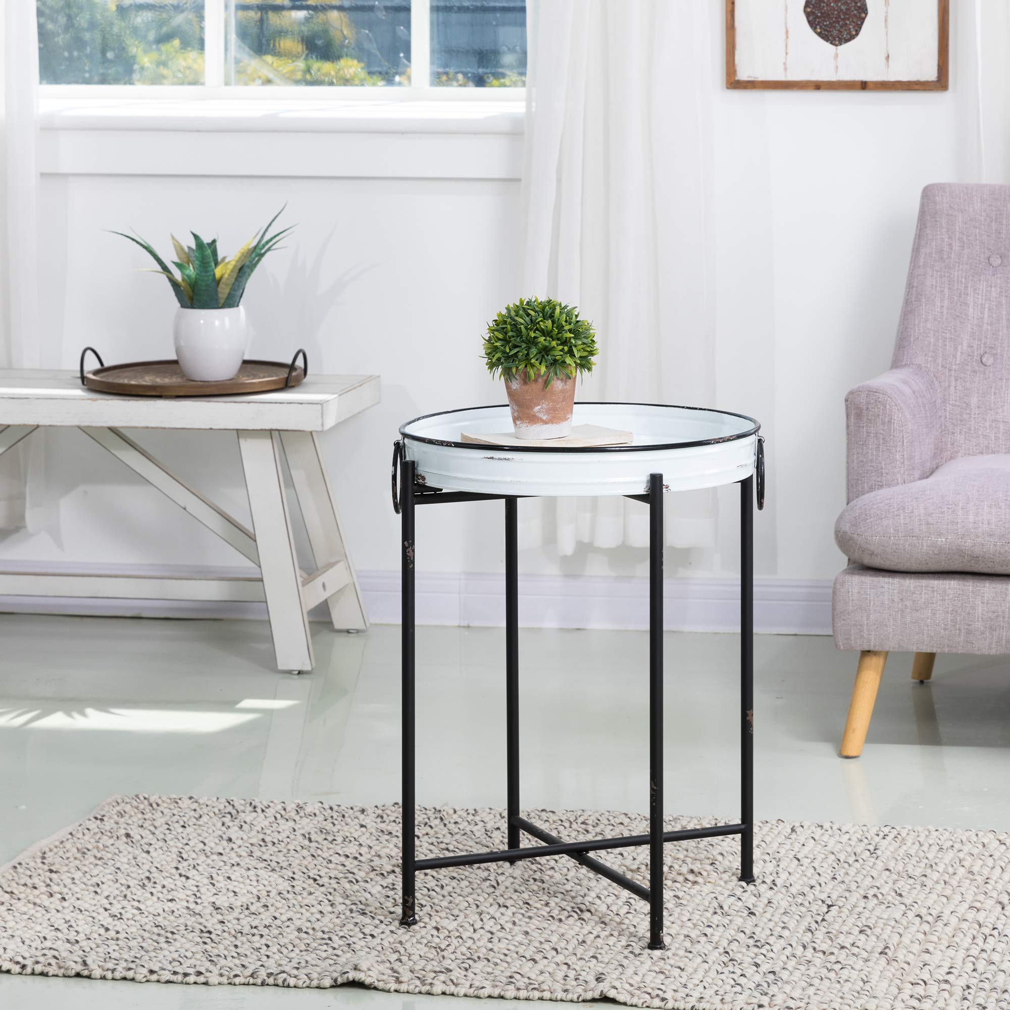 Glitzhome Farmhouse Metal End Table with Removable Tray - Folding Side Table, Waterproof Imitation Enamel Coffee Table for Living Room, Bedroom, Balcony & Office - Perfect for Small Spaces, Home Decor & Coffee Serving