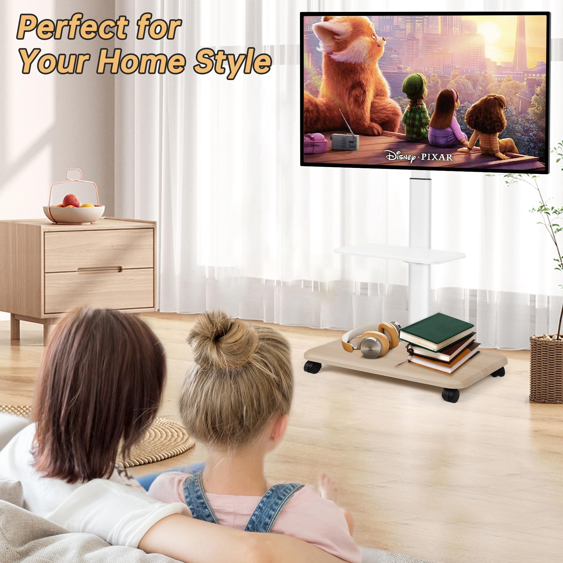 Adjustable Rolling TV Stand for 32-70 Inch Flat & Curved Screens - Mobile TV Cart with Lockable Wheels & Laptop Shelf - Supports LED, LCD, OLED TVs up to 100lbs - Perfect for Bedroom, Office, Dorm, Outdoor & Small Spaces (White)