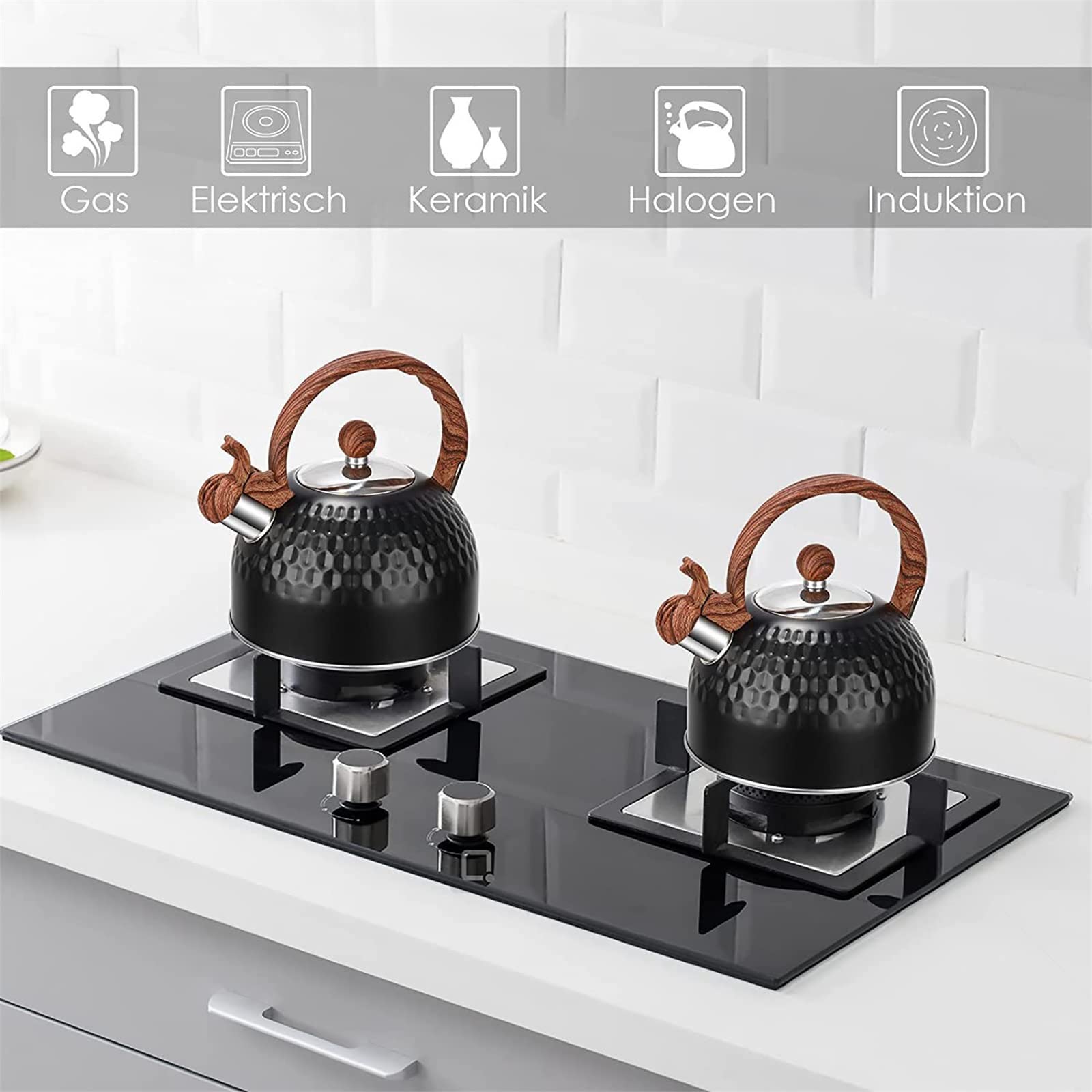 2.5L Retro Camping Kettle - Black Induction & Stovetop Tea Kettle with Whistle - Perfect for Gas Stove, Ceramic Oven & Induction Hob - Ideal for Outdoor Adventures, Home Kitchen & Tea Brewing
