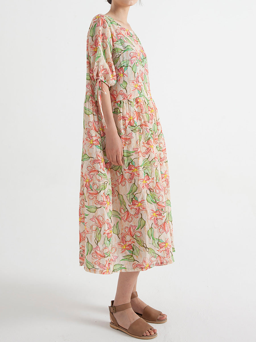 Plus Size Floral Print Ramie Summer Short Sleeve Loose Dress for Women - Casual Beach Wear & Vacation Outfit