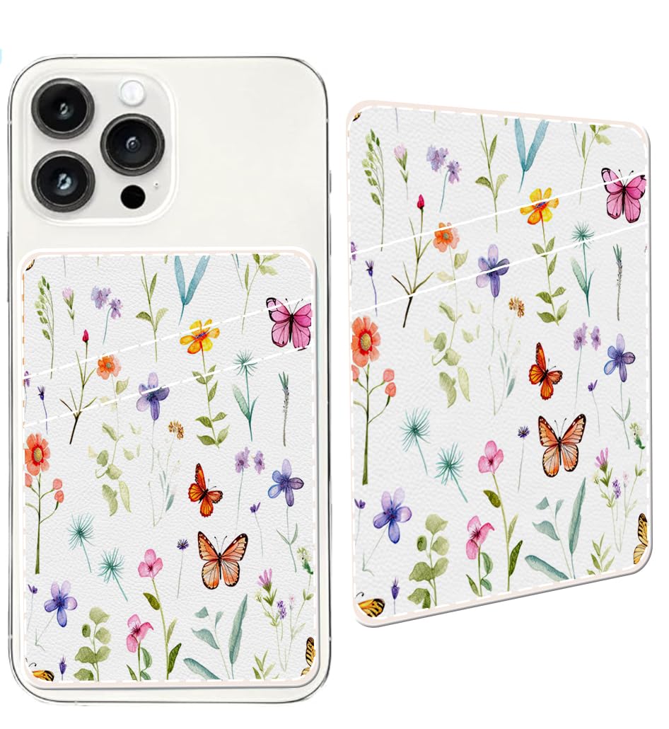 Stick-On Leather Phone Card Holder Wallet - Slim Credit Card Case for Back of Phone, Fabric Sleeve Compatible with Most Smartphones (Cute Butterfly Design) - Perfect for Hands-Free Shopping, Travel & Everyday Use