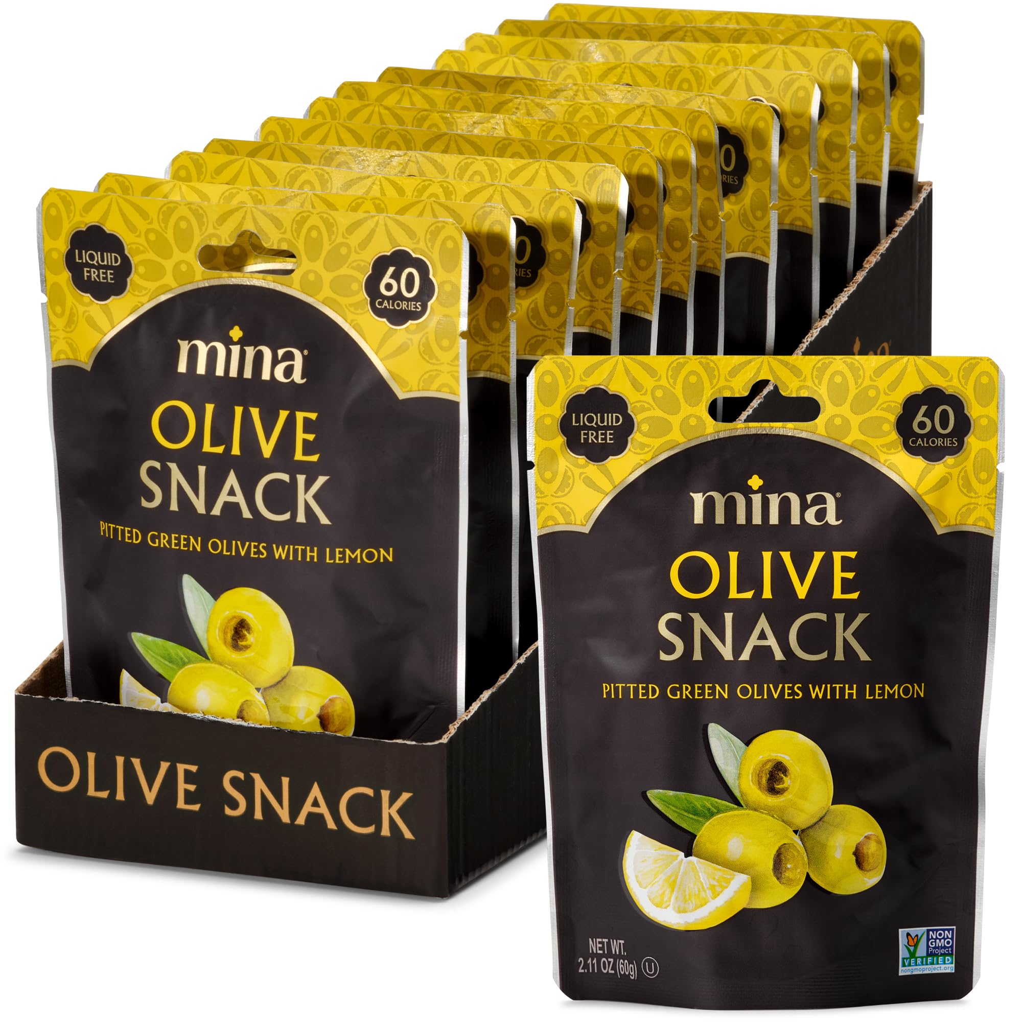 Organic Pitted Green Olives with Lemon - Healthy Keto & Vegan Snack (2.11oz, Pack of 12) | Gluten-Free, All-Natural, 60 Calories per Pack | Perfect for Travel, Lunch Boxes & Low-Carb Diets
