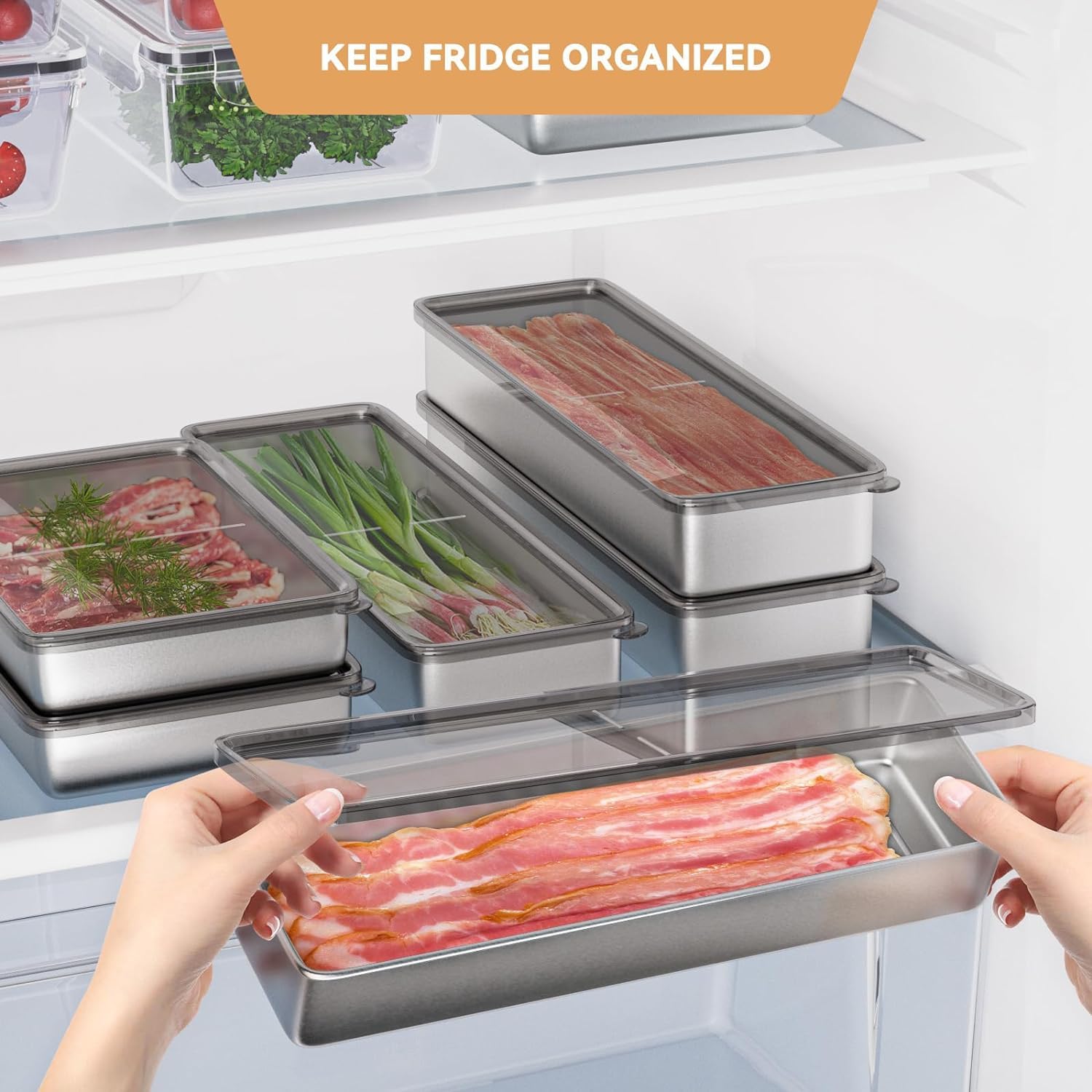 304 Stainless Steel Airtight Bacon & Deli Meat Storage Container for Refrigerator - Dishwasher Safe Food Container with Lid & Elevated Base - Perfect for Kitchen, Camping & Meal Prep (1 Pack)
