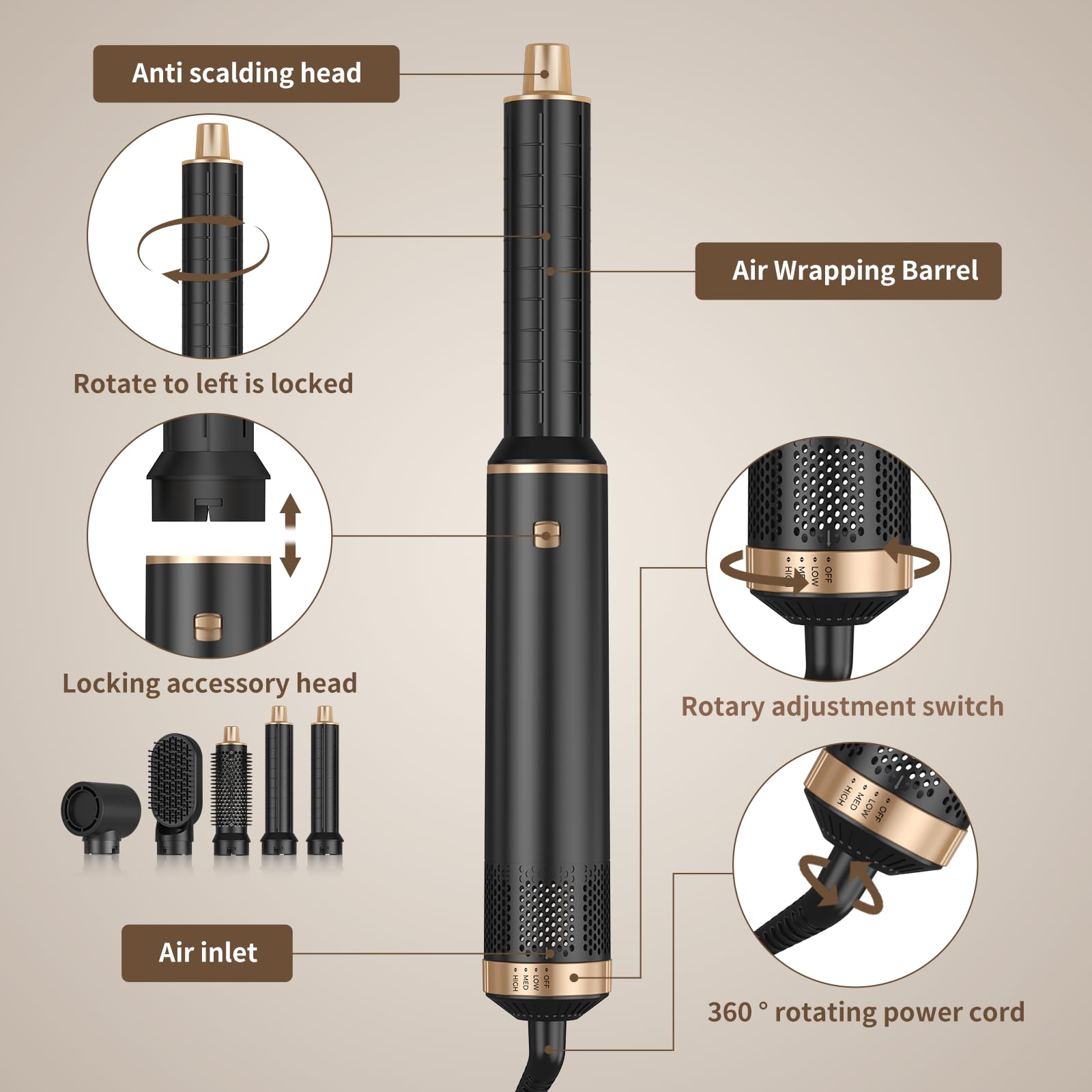 5 in 1 Blow Dryer Brush with Negative Ion Technology - Detachable Hair Dryer, Air Curler & Styler for Drying, Curling & Straightening - Perfect for Home Salon Styling & Professional Hair Care