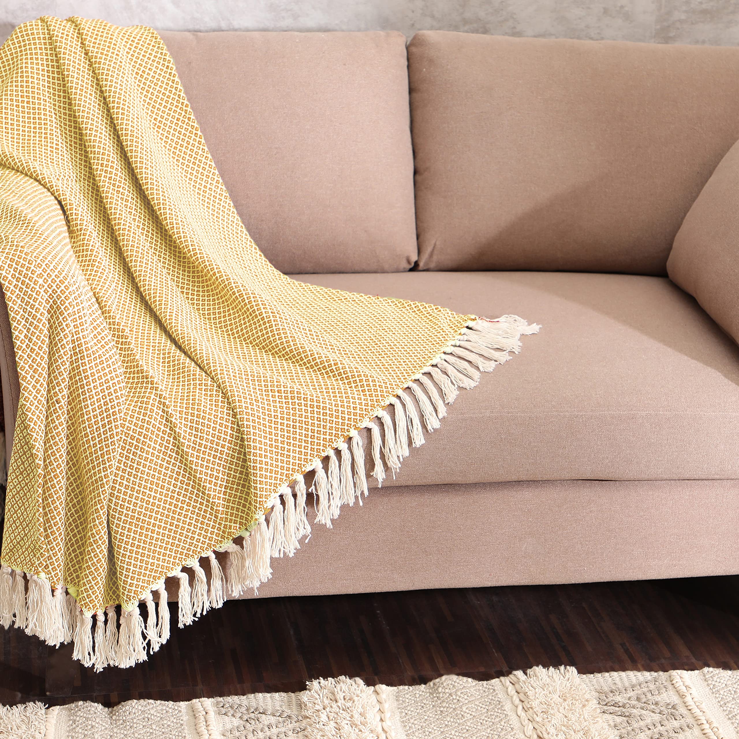 REDEARTH Classic Cotton Throw Blanket - Medium Weight Soft Lap Blanket for Sofa, Bed, Couch, Chairs, Loveseat & Car - 50x60 Inch Mustard Yellow Blanket for Living Room, Bedroom, Travel & Outdoor Use - 100% Breathable Cotton