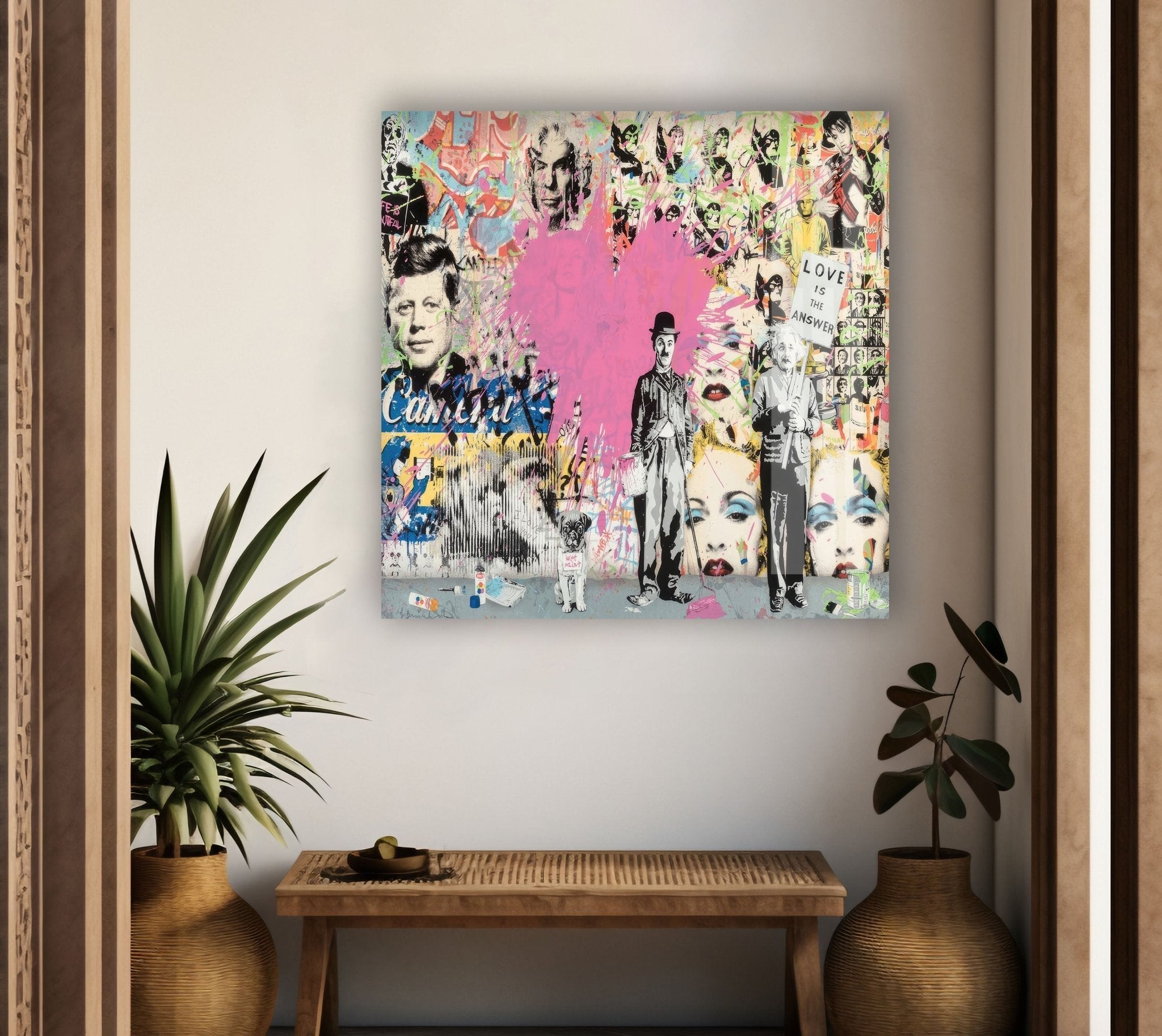 Banksy Charlie Chaplin Street Art Glass Wall Decor - Modern Urban Home & Office Artwork for Living Room, Bedroom, or Office