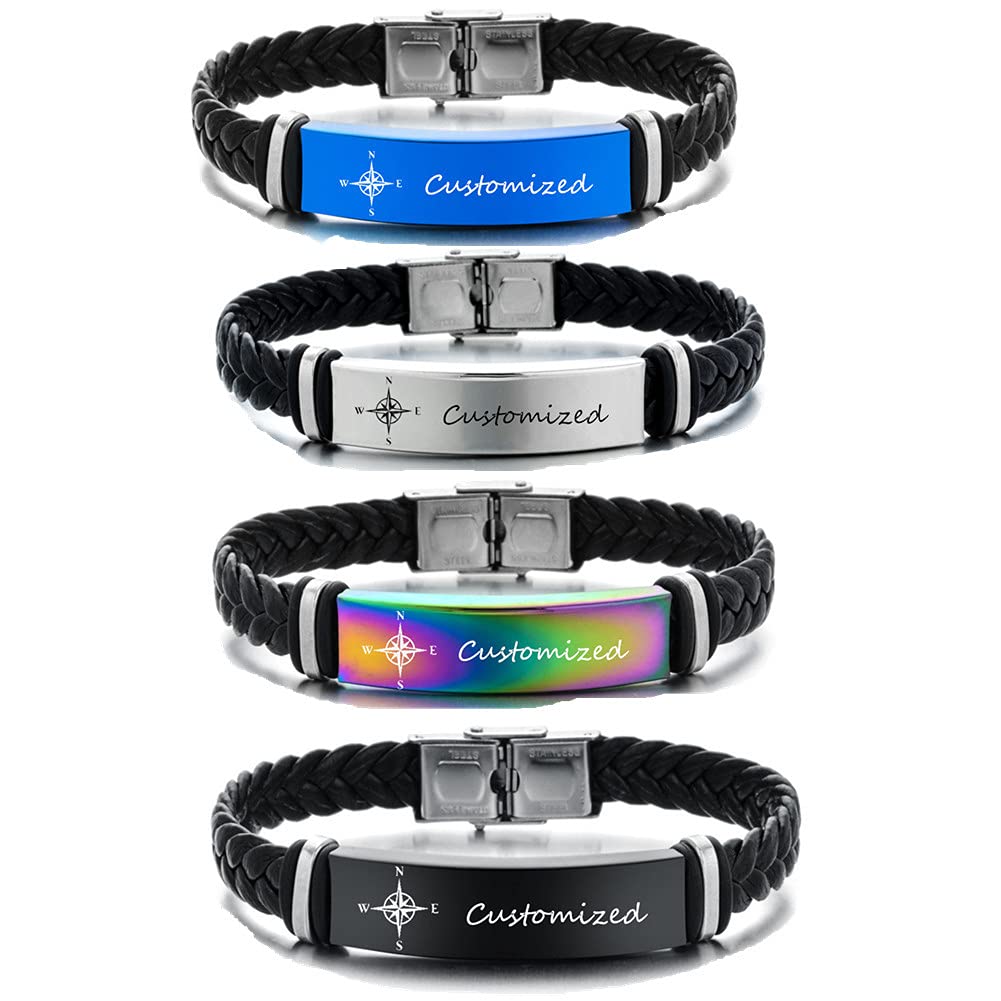 Custom Stainless Steel Compass Bracelet for Men - Personalized Name Engraved Leather Cuff Wristband with Inspirational Quote - Perfect Gift for Dad, Son, Brother, Grandson & Boyfriend - Great for Outdoor Adventures, Travel & Daily Wear