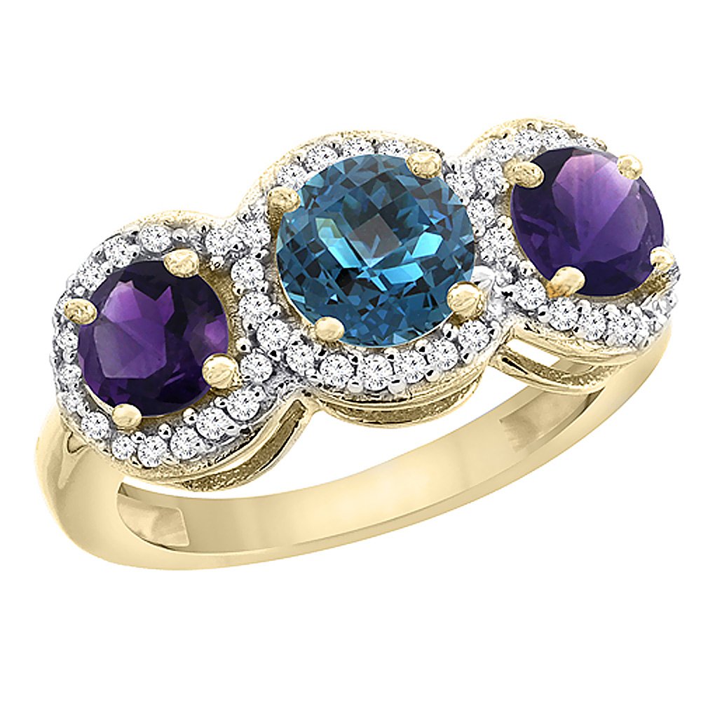 10K Yellow Gold London Blue Topaz & Amethyst Three Stone Ring with Diamond Accents - Size 5-10 | Elegant Birthstone Jewelry for Anniversary, Engagement & Special Occasion Gifts