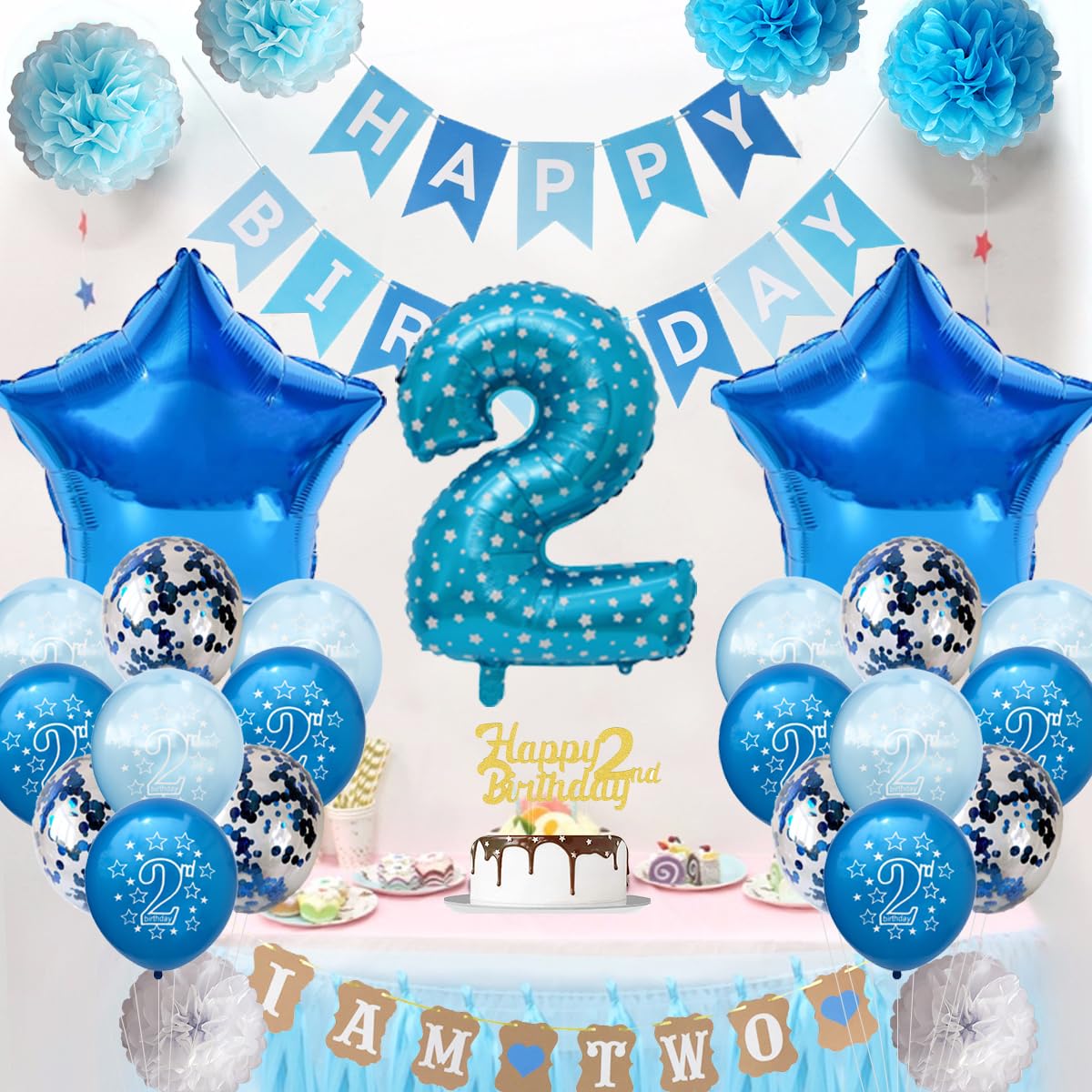 Blue 2nd Birthday Party Decorations for Boys - Prince Theme 2nd Birthday Party Supplies for Cake Smash, Photo Backdrop & Balloon Garland