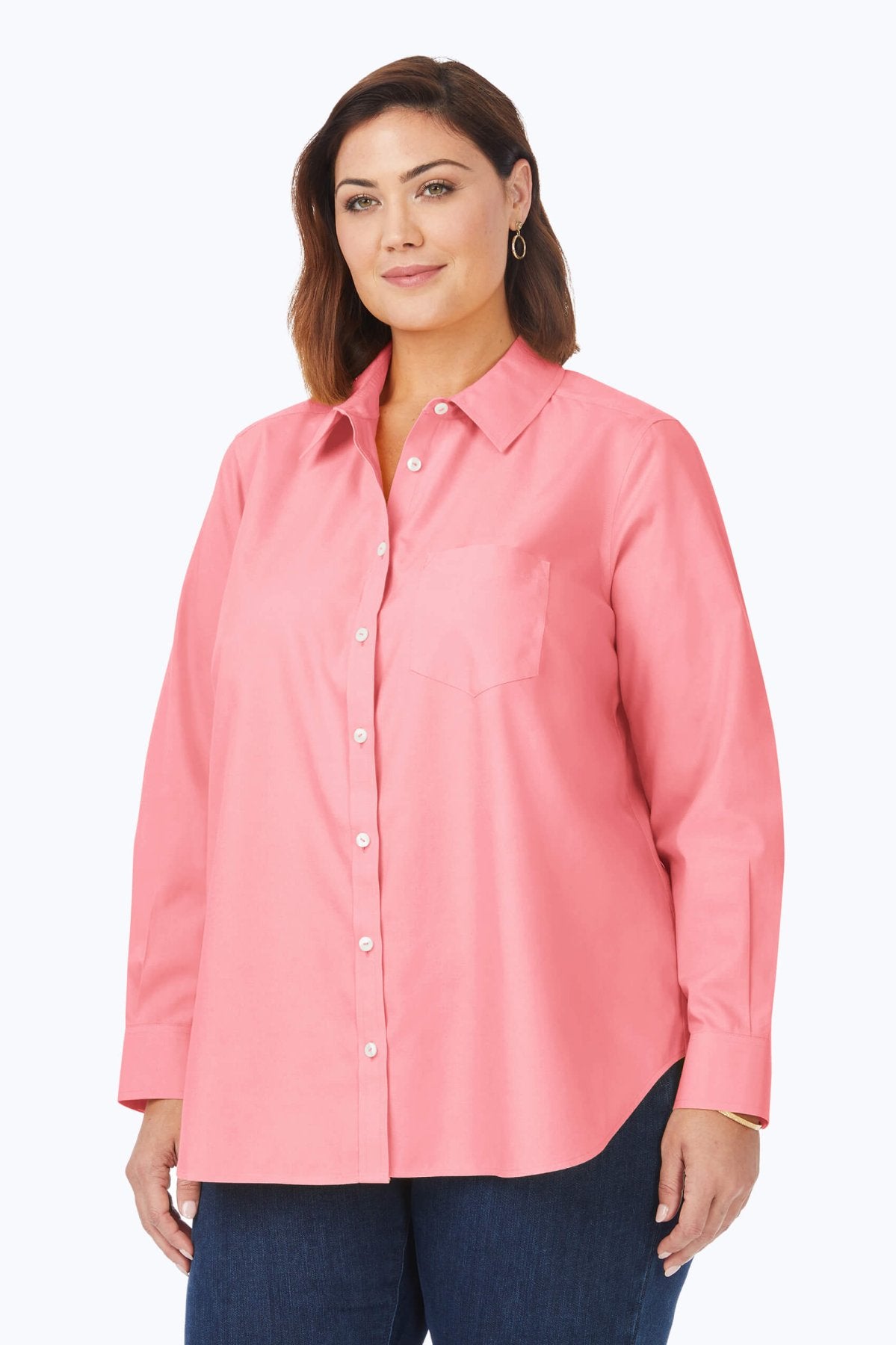 Boyfriend Plus No Iron Pinpoint Long Sleeve Tunic Shirt for Women - Comfortable Office Wear & Casual Outfits
