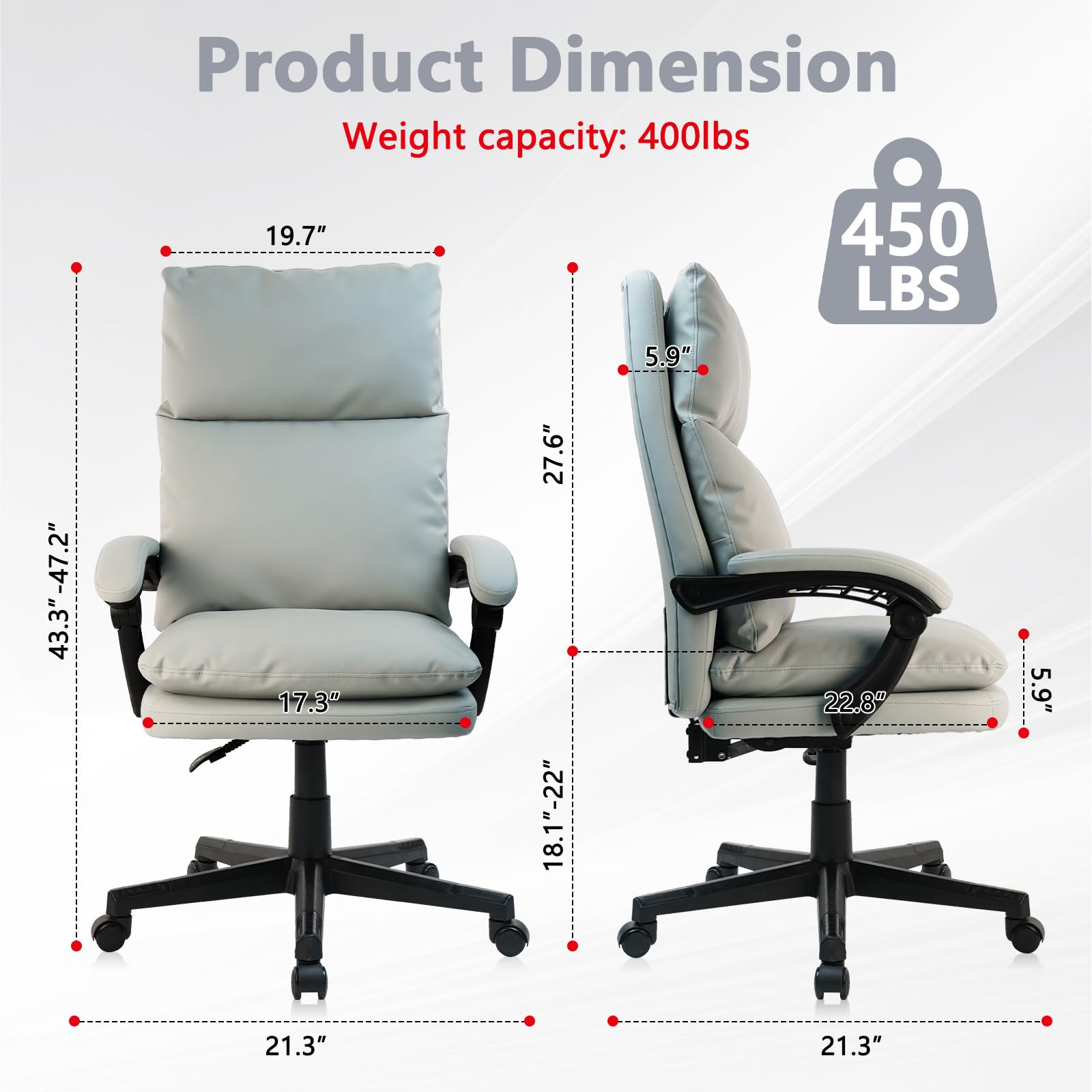 CLATINA Ergonomic Reclining Office Chair - Big and Tall High Back Executive Leather Desk Chair with Lumbar Support, Wide Seat Computer Task Chair for Home & Office (Grey, 2-Pack) - Perfect for Long Work Hours & Gaming Sessions