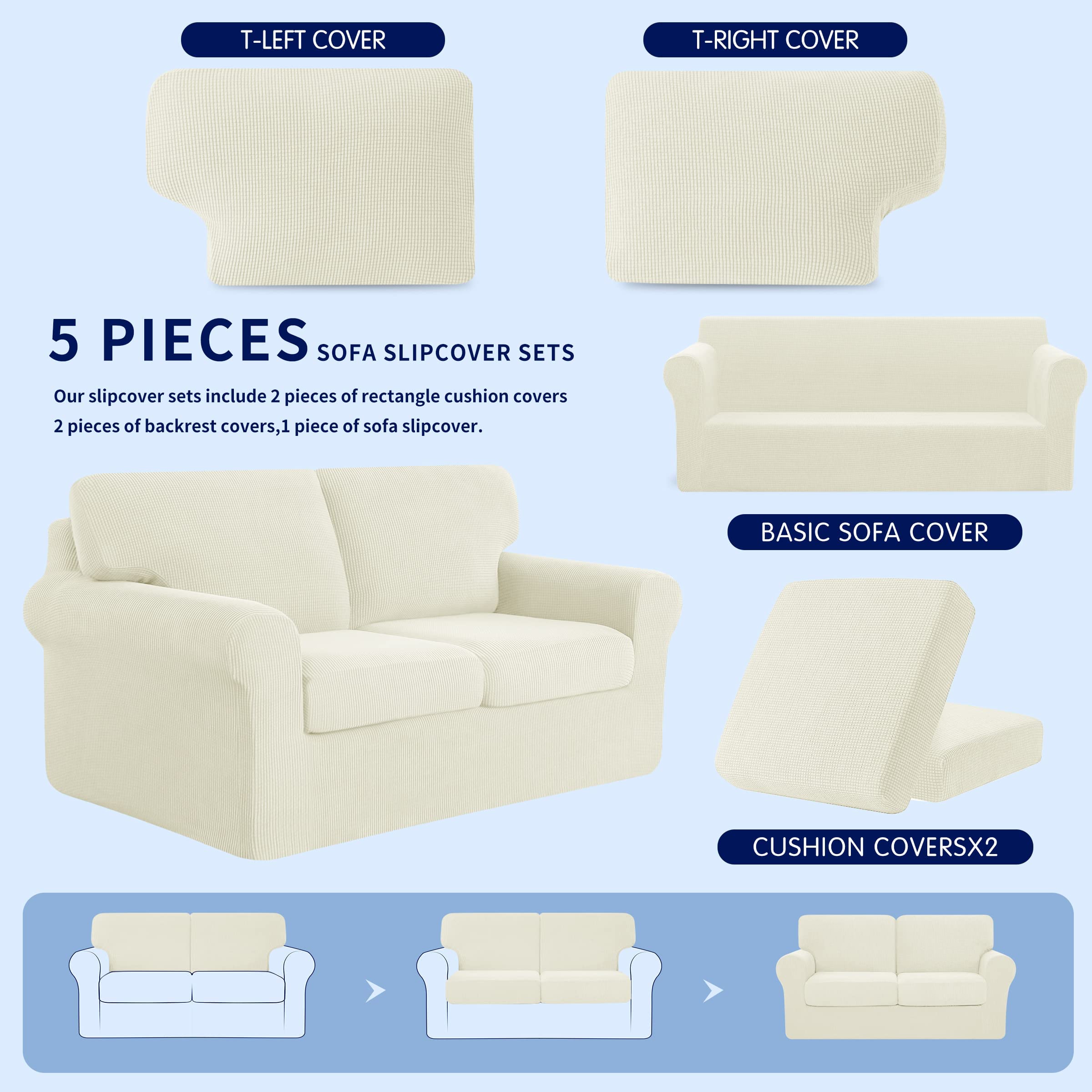 SUBRTEX 5-Piece Loveseat Cover & 7-Piece Sofa Cover Set - Stretchable Couch Slipcover with Separate Backrest & Cushion Covers - Fits Medium & Large Couches (Ivory) - Perfect for Living Room, Home Theater & Family Gatherings