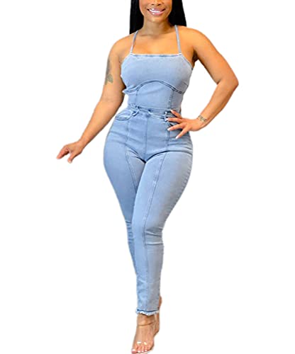 WephuPSho Women's Denim Short Overalls - Sexy Bodycon Romper Shorts with Spaghetti Straps & Bow Backless Design | Perfect for Clubwear, Night Out, Summer Fashion & Casual Street Style