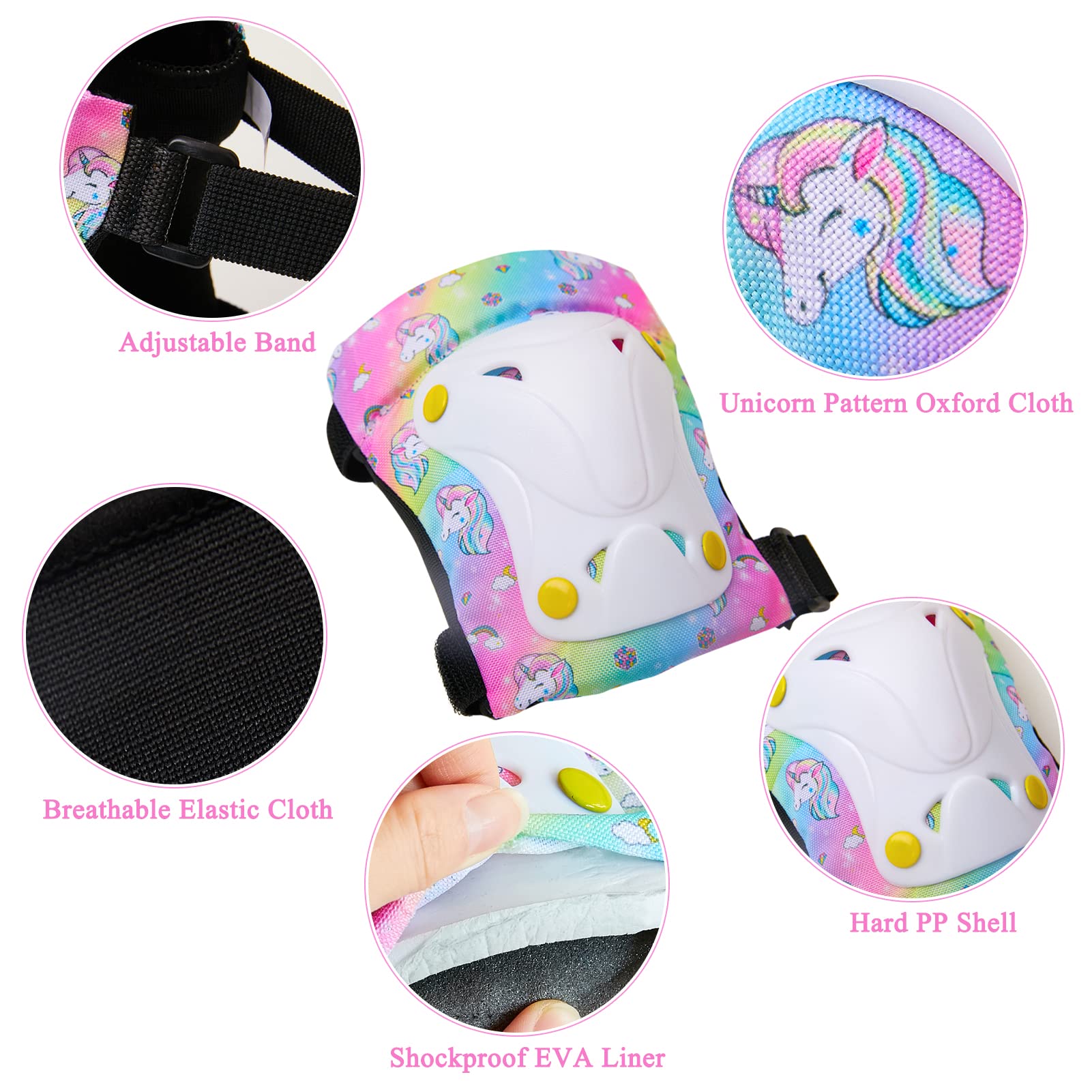 FIODAY Kids Knee Pads & Elbow Pads Set with Wrist Guards - Adjustable Protective Gear for Toddlers 9-15 Years (Rainbow) - Perfect for Skating, Cycling, Skateboard & Scooter - Includes Drawstring Bag for Easy Storage