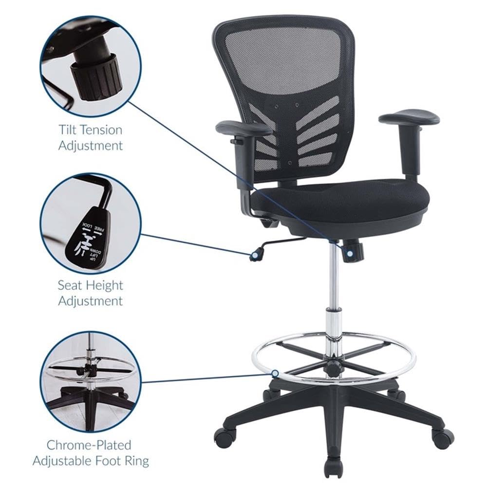 Modway Articulate Ergonomic Drafting Chair - Adjustable Height Office Chair for Desk & Drafting Table - Black Mesh Back Support - Perfect for Home Office, Reception & Studio Work