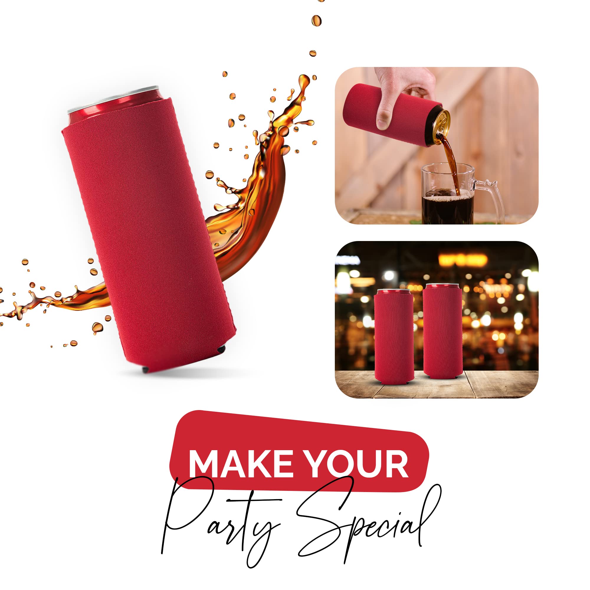 12 Pack Slim Neoprene Can Cooler Sleeves - Foldable 12oz Beer & Soda Insulators - Blank Sublimation-Ready Skinny Beverage Coolers (Red) - Perfect for Parties, BBQs, and Outdoor Events