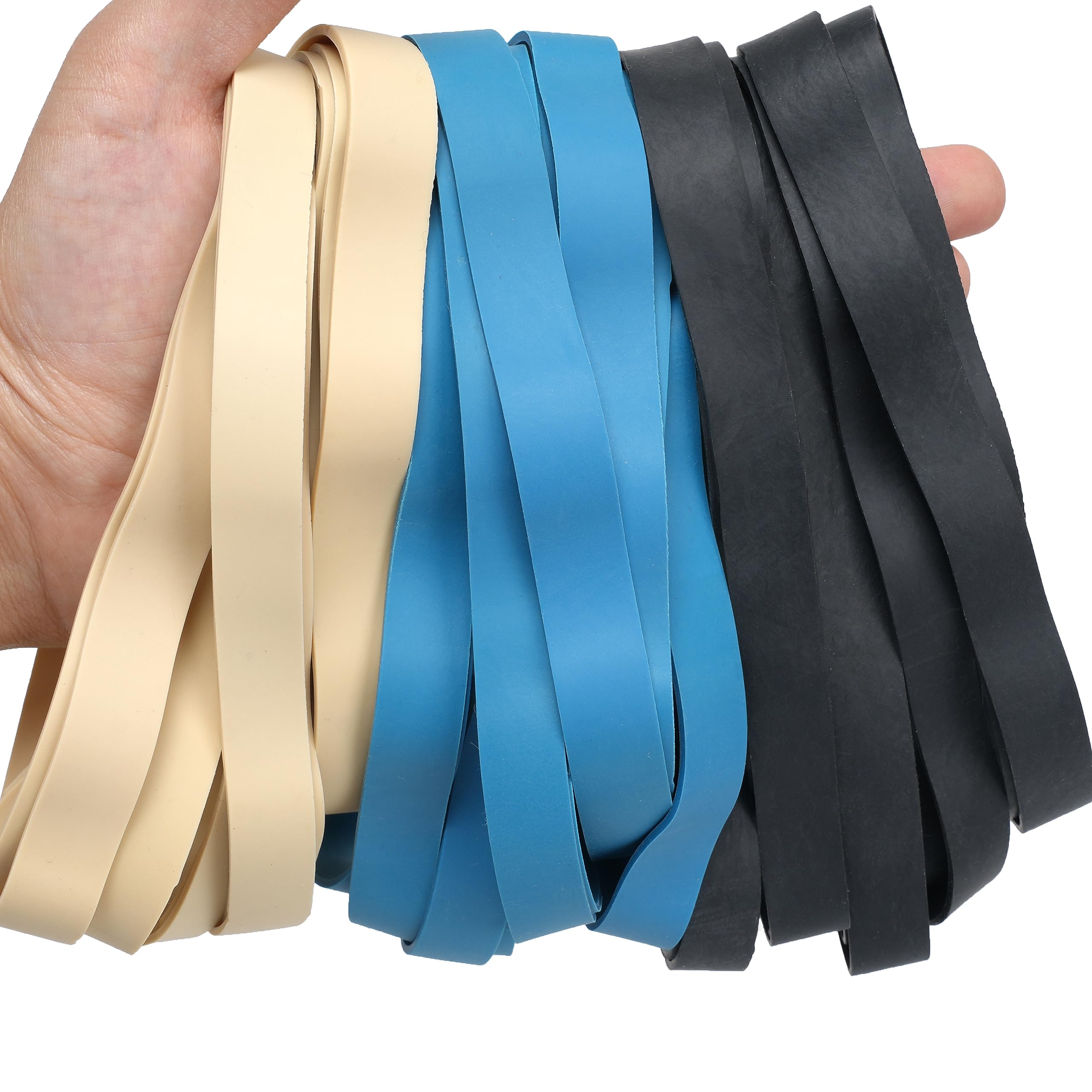 Heavy Duty Rubber Bands Size #107 - 33PCS Large Wide Elastic Bands for Office, File Folders, Trash Cans, Litter Box - Durable Multi-Purpose Rubber Bands (Black, Blue, Light Brown) - Perfect for Organizing, Securing Items & Household Use