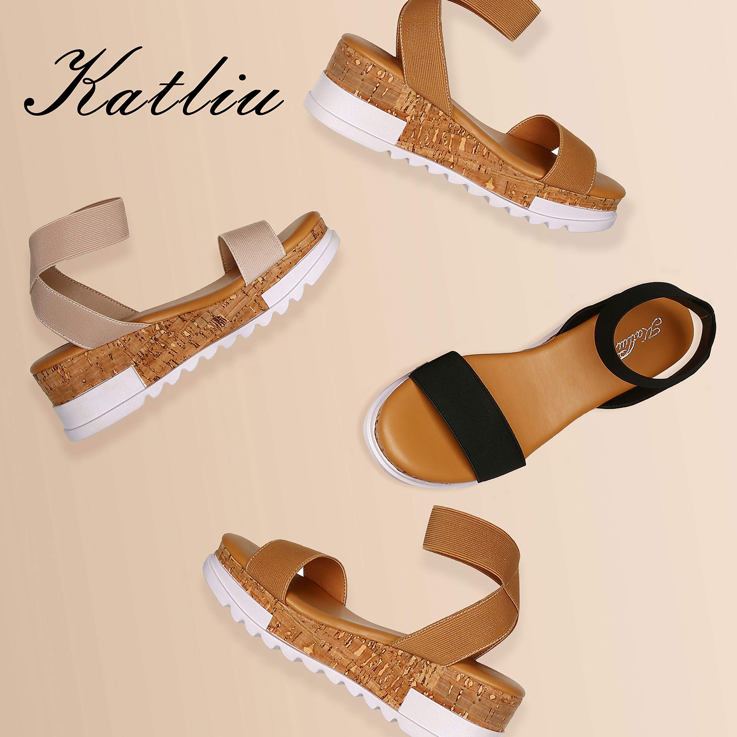 Katliu Women's Wedge Platform Sandals with Elastic Ankle Strap & Cork Sole - Comfortable Summer Beach Shoes for Walking, Travel and Casual Outfits
