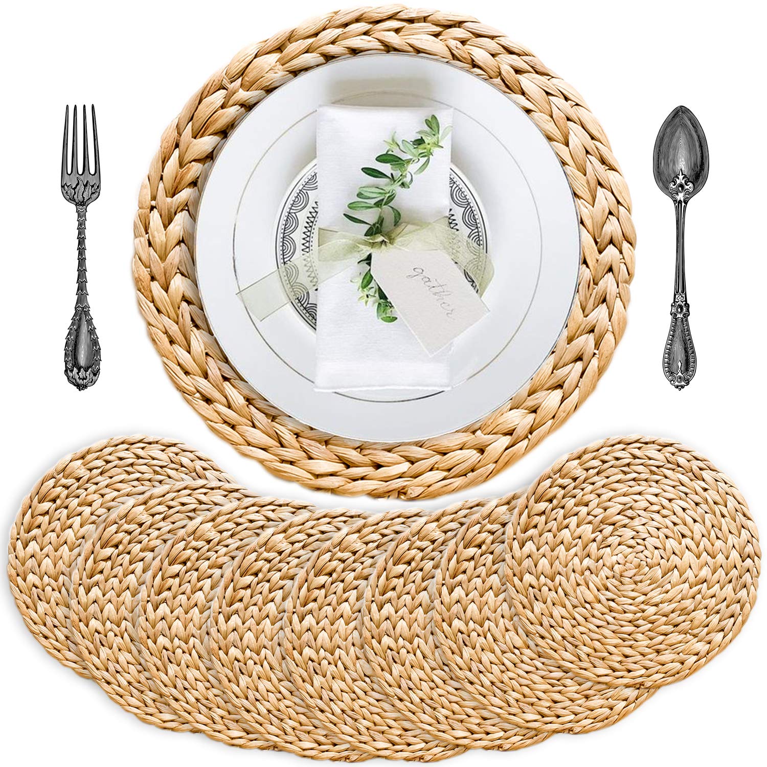 Boho Placemats Set of 8 - Round Woven Water Hyacinth Wicker & Straw Placemats for Dining Table - 11.8 Inch Natural Fiber Table Mats - Perfect for Farmhouse, Rustic, or Coastal Home Decor