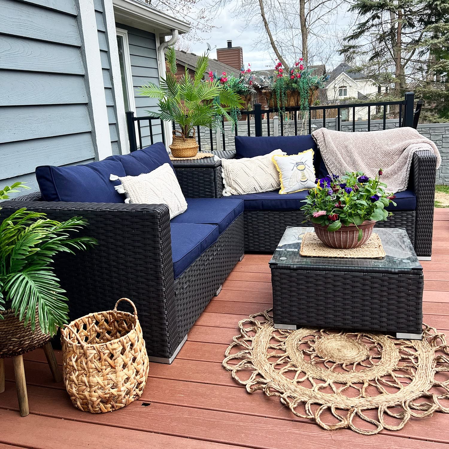 Sophia & William 4-Piece Patio Furniture Set - Weather-Resistant Rattan Wicker Outdoor Sectional Sofa with Storage Box & Tempered Glass Table | Perfect for Backyard, Garden, Poolside & Patio Relaxation