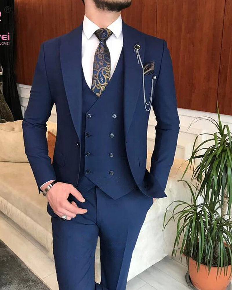 Custom Tailored 3-Piece Peak Lapel Wedding Suit Set for Groomsmen - Navy Blue Jacket, Vest & Pants (CB1226) | Perfect for Formal Weddings, Prom & Special Occasions