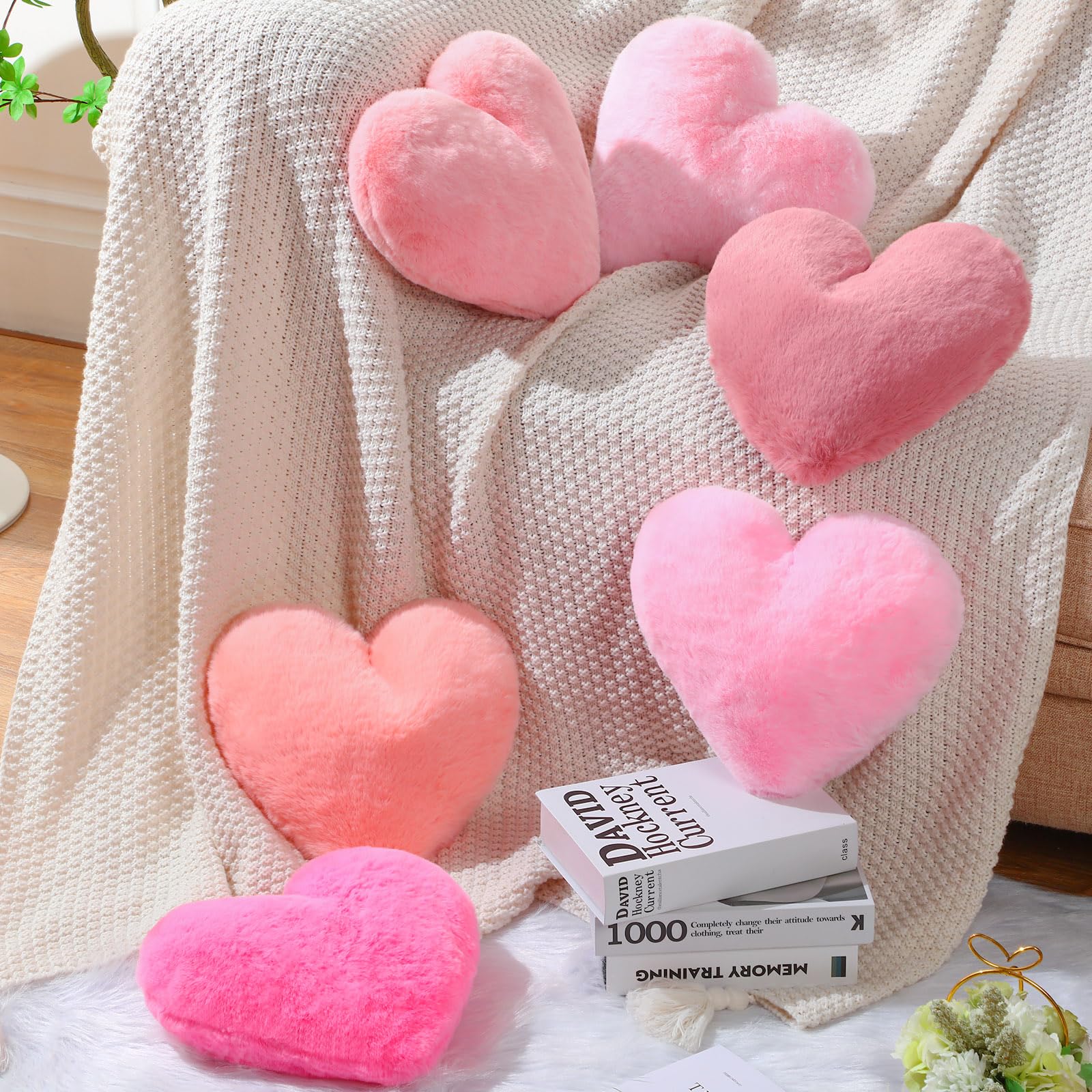Liliful 6-Piece Faux Rabbit Fur Heart Pillows - Soft Fluffy Decorative Throw Cushions for Bed, Sofa & Couch (12x11 Inch, Pink) - Perfect for Girls' Rooms, Valentine's Day Gifts & Cozy Home Decor