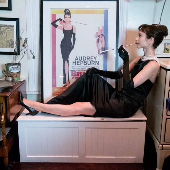 Audrey in a Bag Premium Iconic Black Dress Costume Set - Old Hollywood Inspired Elegant Evening Gown for Halloween, Cosplay, and Themed Parties