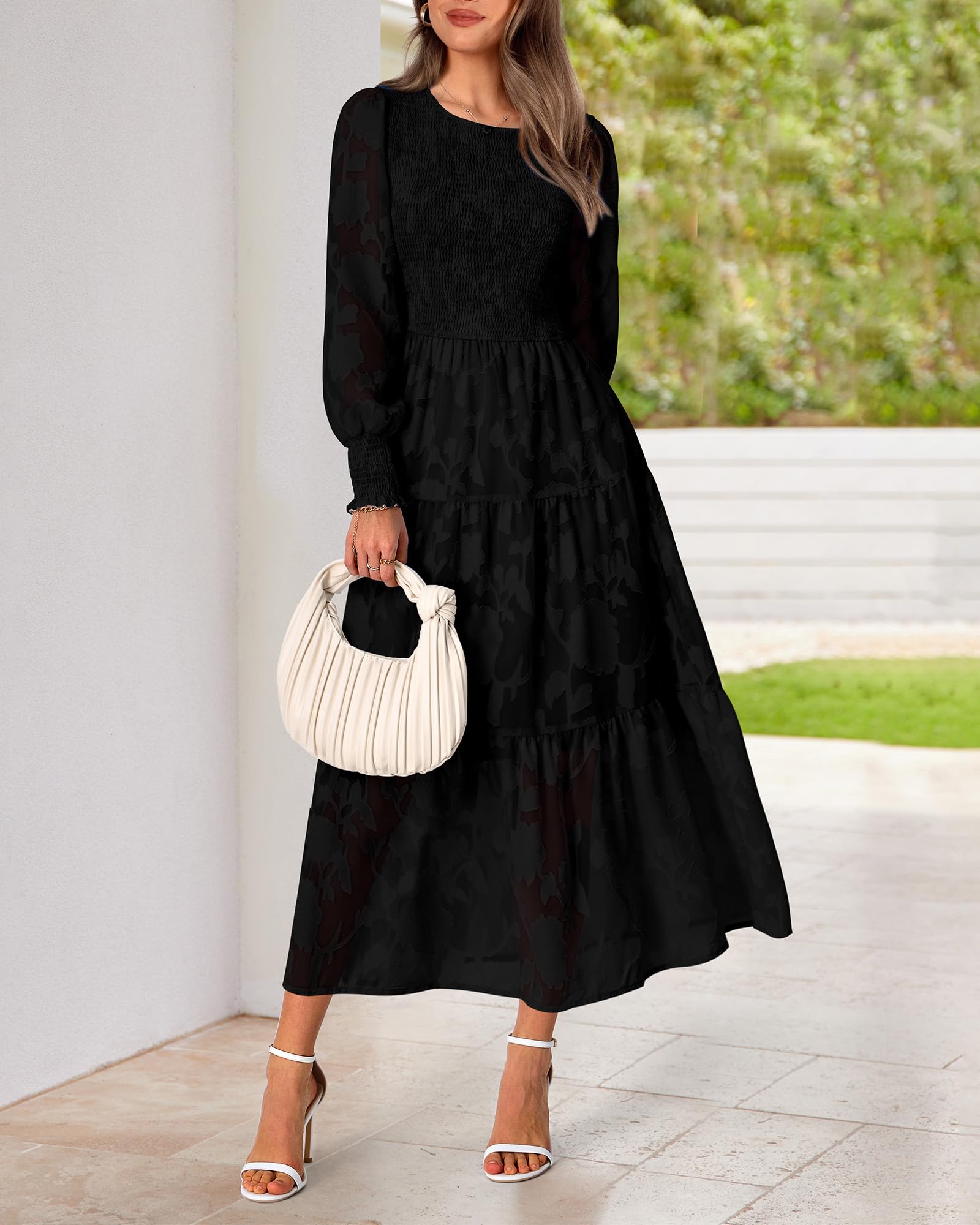 BTFBM Women's Elegant Floral Midi Dress - Long Sleeve Bohemian Wedding Guest Dress for Spring 2025 | Perfect for Garden Parties, Bridal Showers & Formal Events