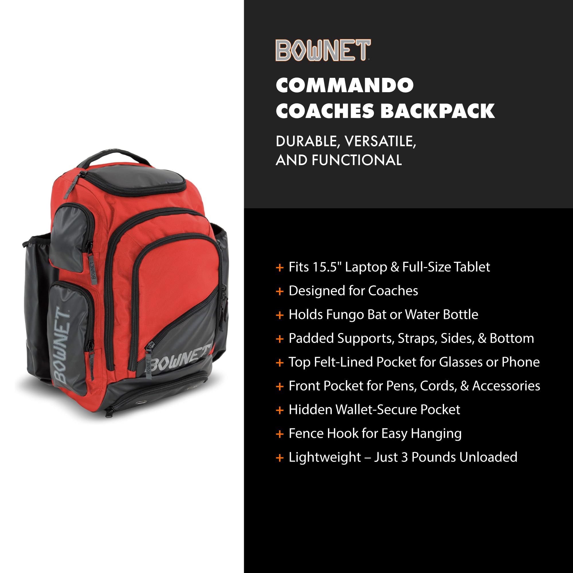 Bownet Commando Coaches Bat Bag - Baseball Backpack for Boys & Girls with Large Main Compartment - Holds 1 Fungo Bat & Water Bottle - Perfect for Youth Baseball Practice, Games & Training Sessions
