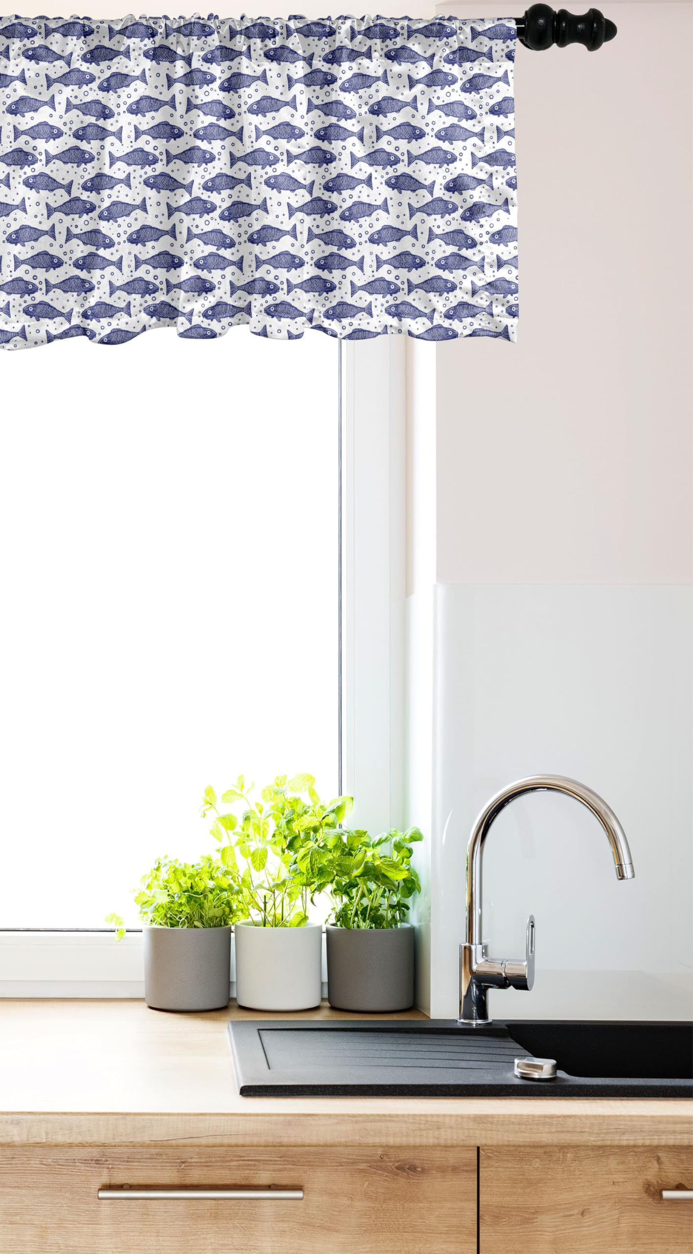Ambesonne Nautical Window Valance Set of 2 - Monochrome Hand-Drawn Fish Pattern with Minimal Bubbles, Rod Pocket Kitchen & Bedroom Curtain Valances, 54