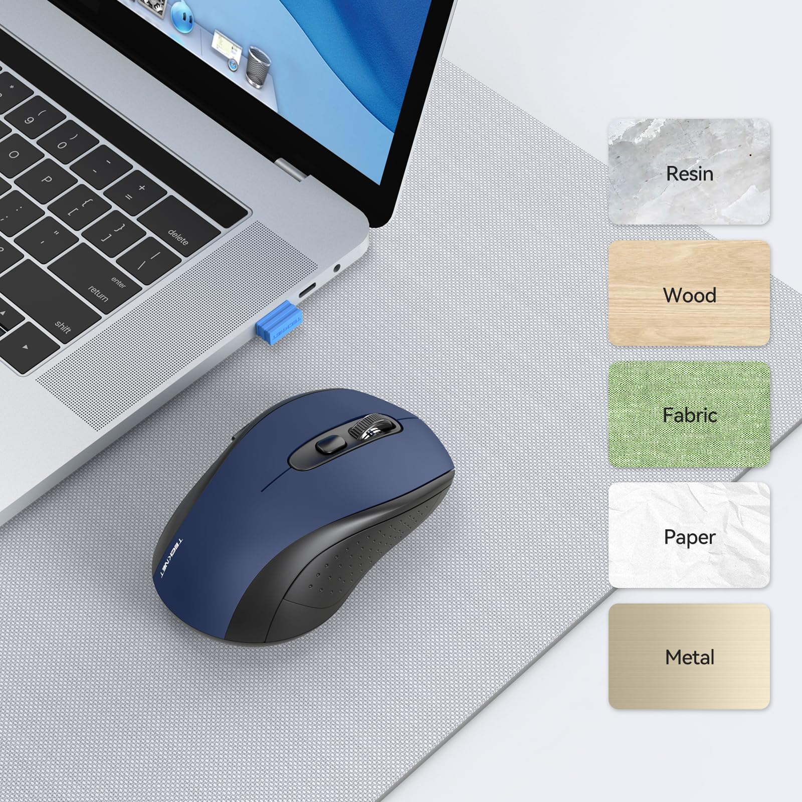 TECKNET Bluetooth Wireless Mouse 4000DPI, 2-in-1 Dual Mode (BT 5.0/3.0 + 2.4Ghz) Ergonomic Computer Mouse with USB Receiver for Mac Windows Laptop PC - Perfect for Office, Home & Travel (Blue)