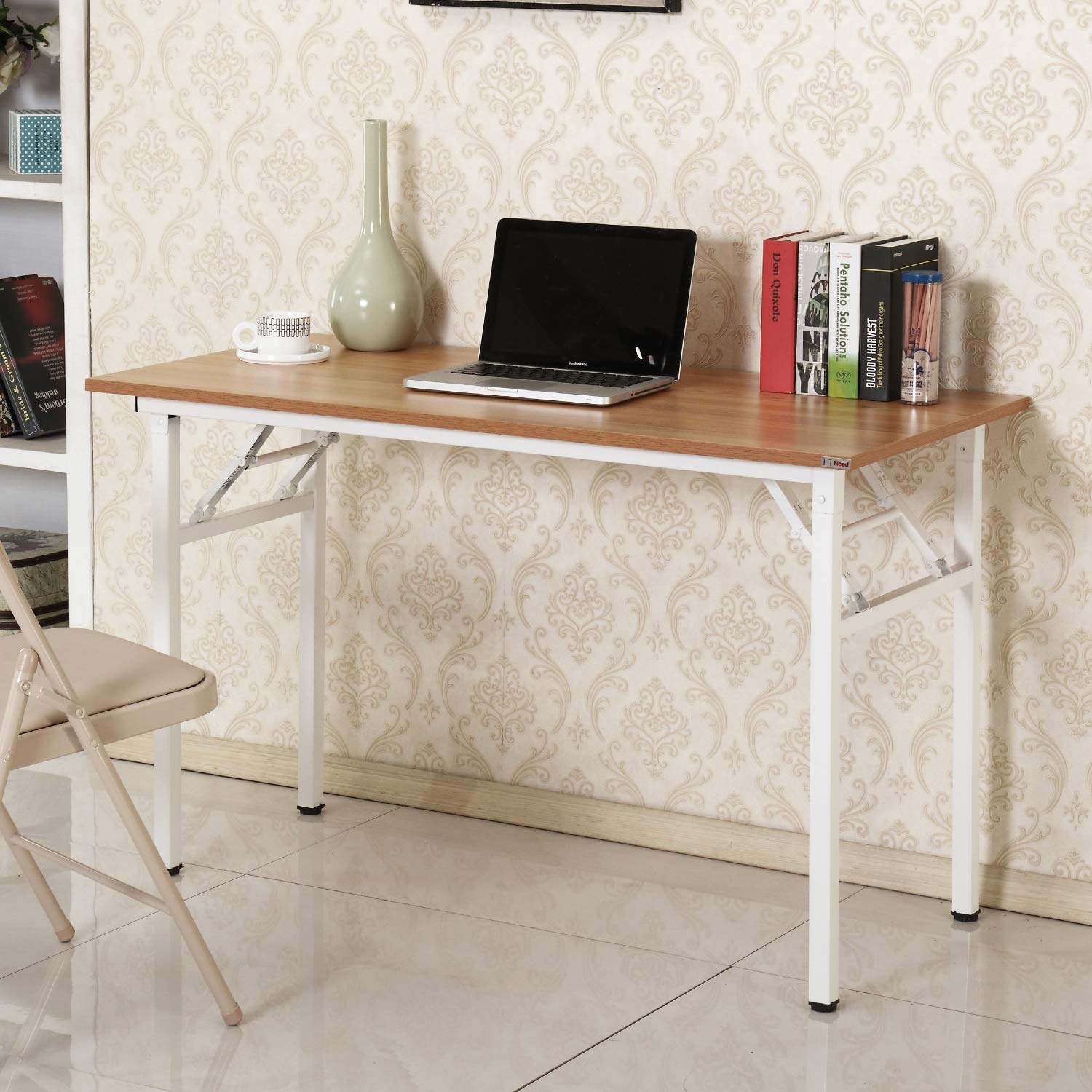 SogesPower 47-inch Folding Computer Desk - Sturdy Fully Assembled Writing Desk for Home Office, Teak & White Legs - Space-Saving Workstation for Small Rooms & Apartments